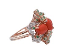 Coral, Emeralds, Tsavorite, Diamonds, Rose Gold and Silver Ring.