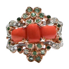 Coral, Emeralds, Tsavorite, Diamonds, Rose Gold and Silver Ring.