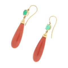Coral Emeralds Yellow Gold 14 Karat Drop Earrings