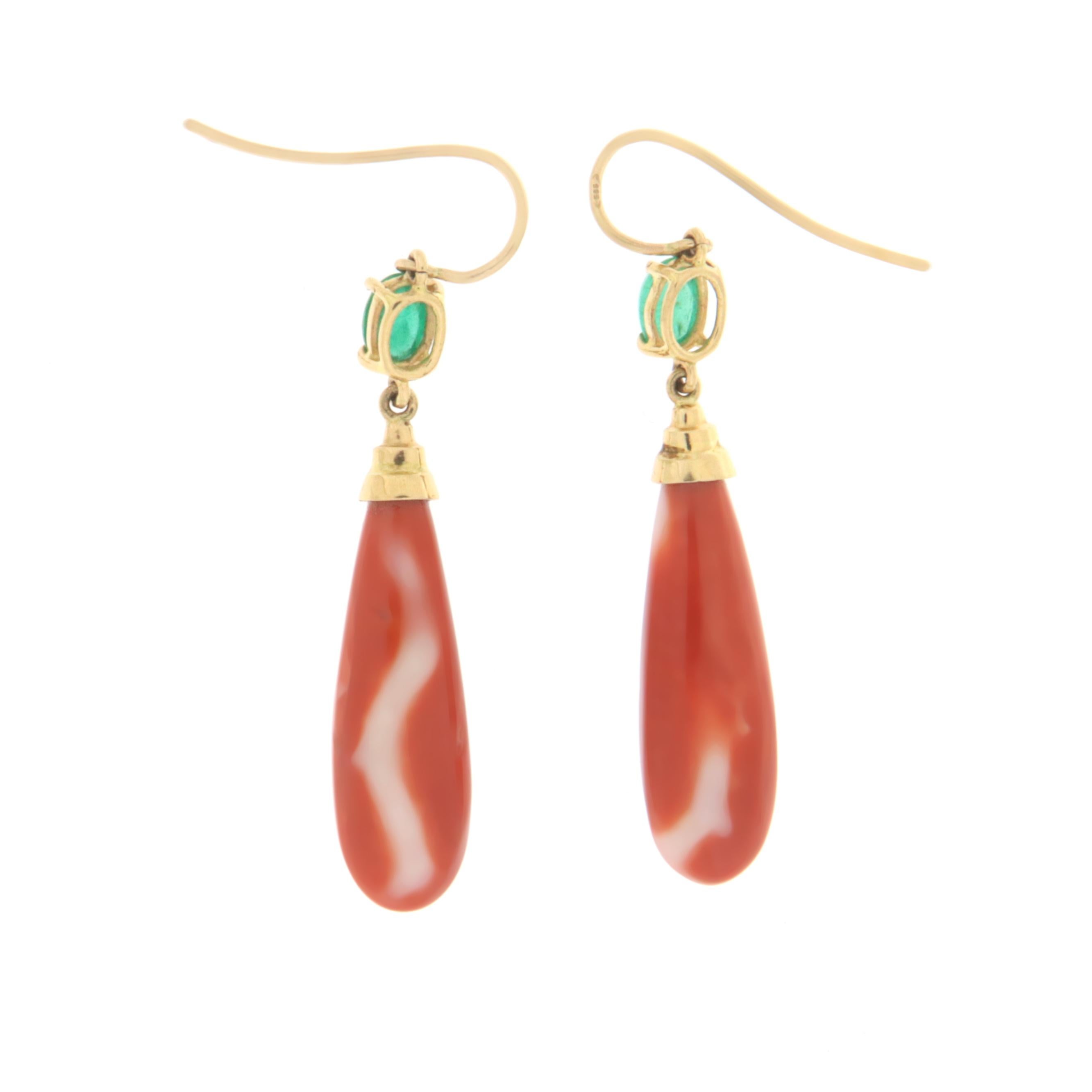 Artisan Coral Emeralds Yellow Gold 14 Karat Drop Earrings For Sale