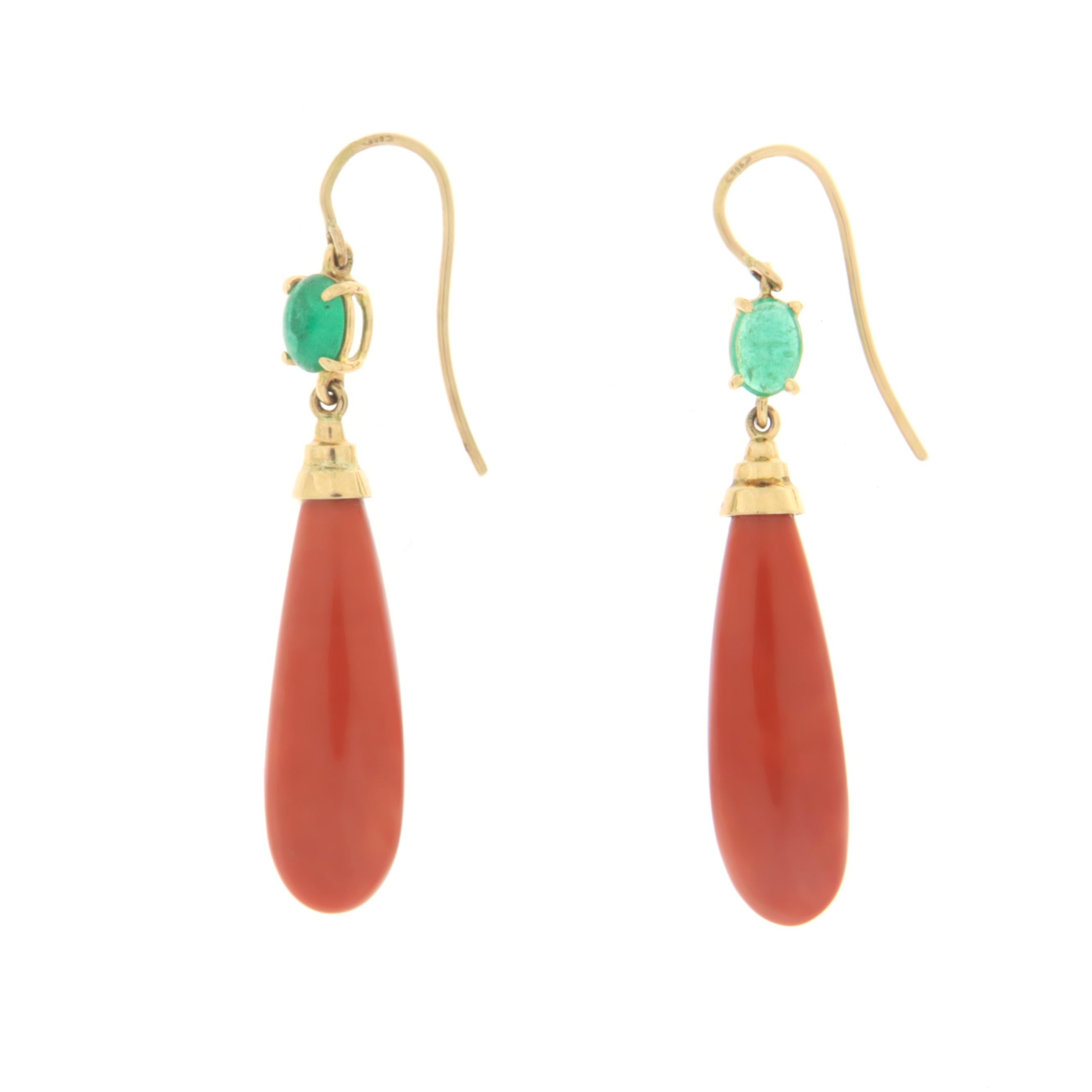 Cabochon Coral Emeralds Yellow Gold 14 Karat Drop Earrings For Sale