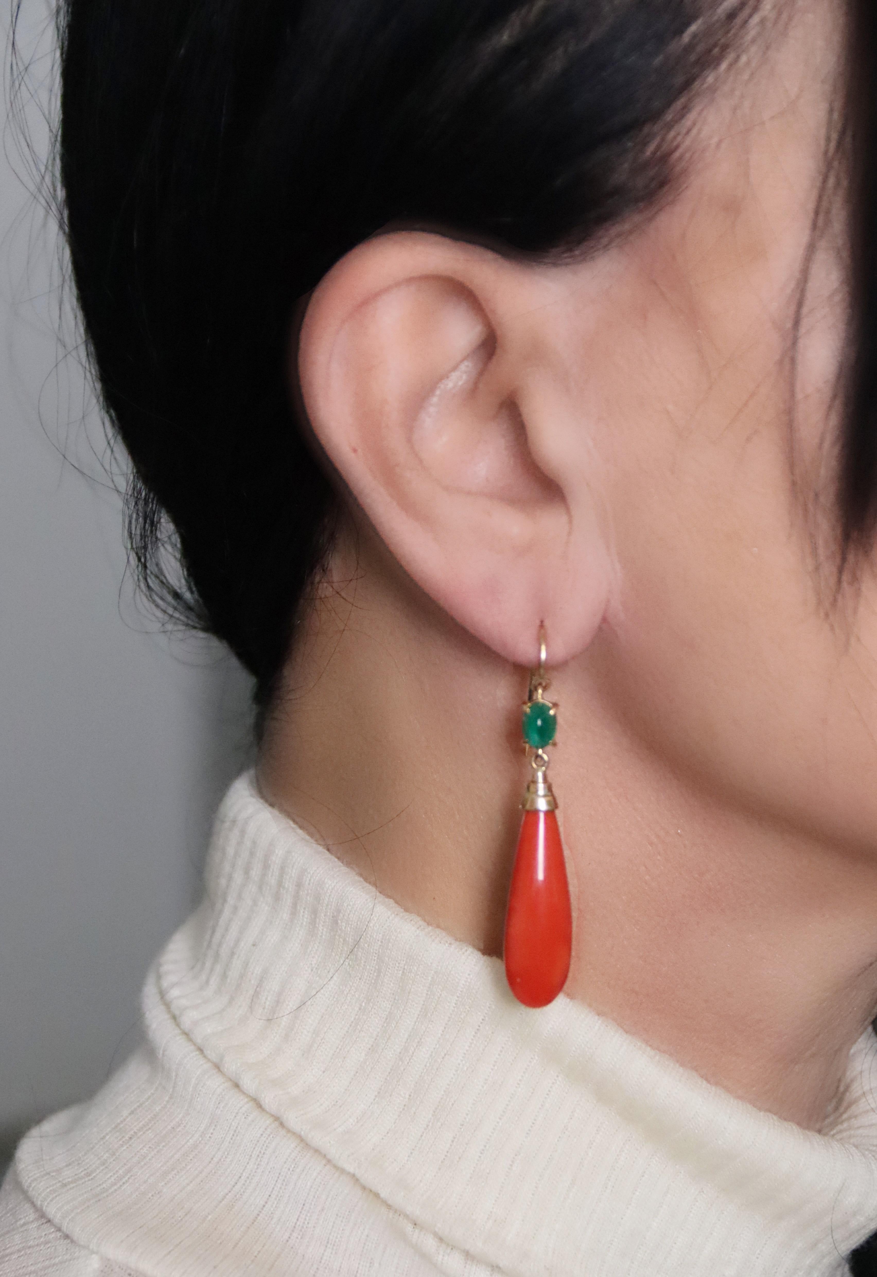 Women's Coral Emeralds Yellow Gold 14 Karat Drop Earrings For Sale