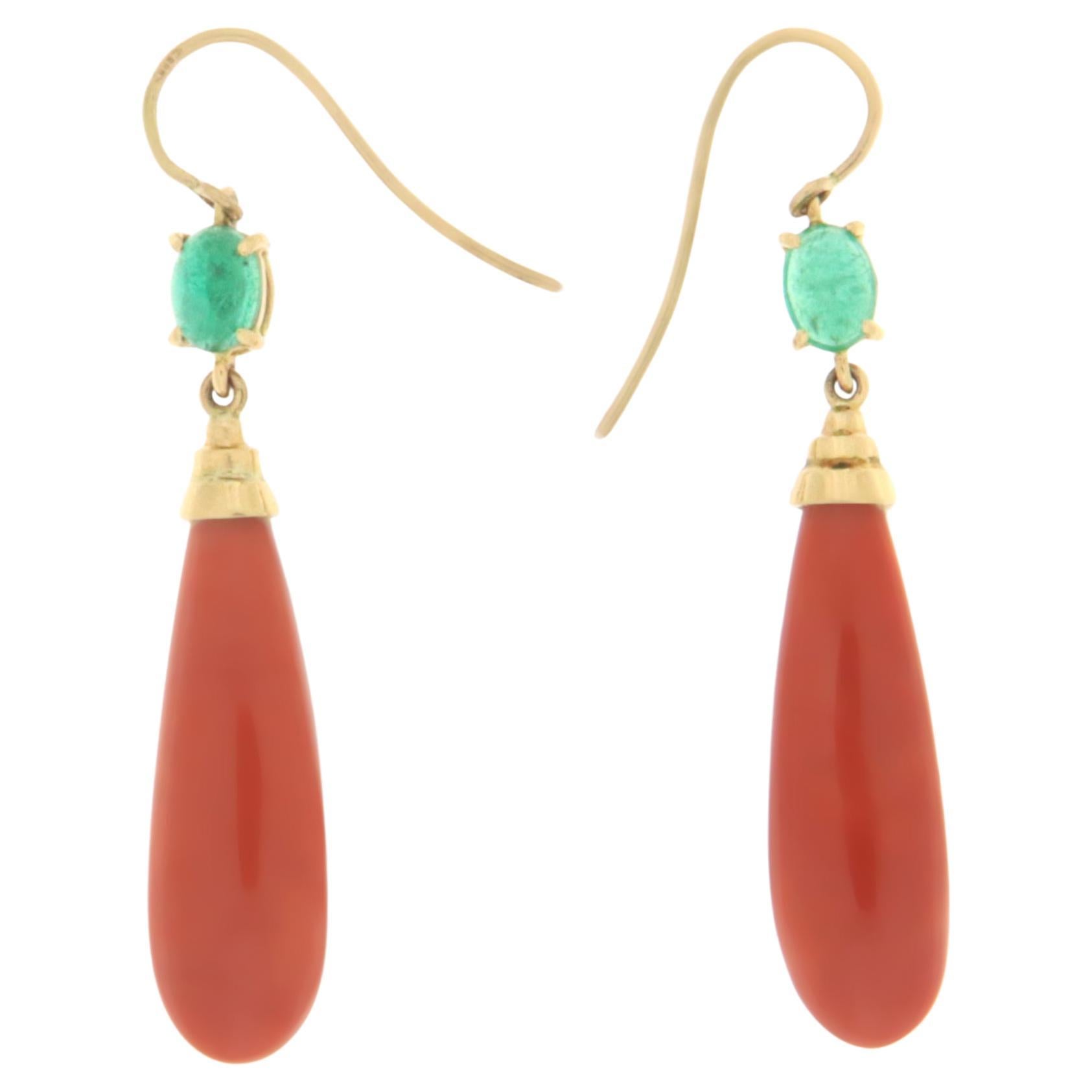 Coral Emeralds Yellow Gold 14 Karat Drop Earrings For Sale