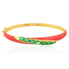 Coral Enamel Emerald 18 Karat Yellow Gold Bangle Bracelet