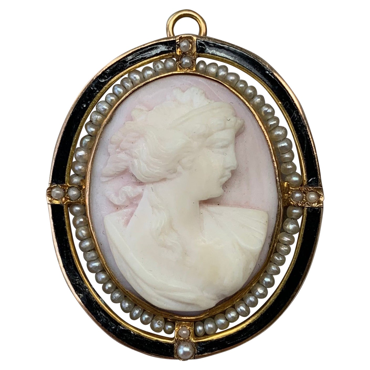 Corallo smaltato Perla Dea Cameo Ciondolo Spilla Collana Oro Antico Vittoriano