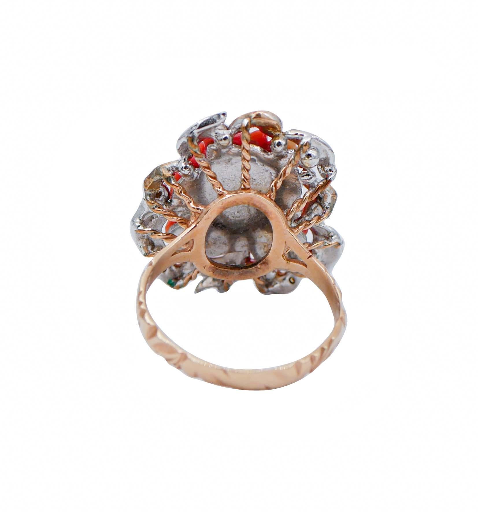 Retro Coral, Fancy and White Diamonds, Pearls, 14 Karat White and Rose Gold Ring For Sale