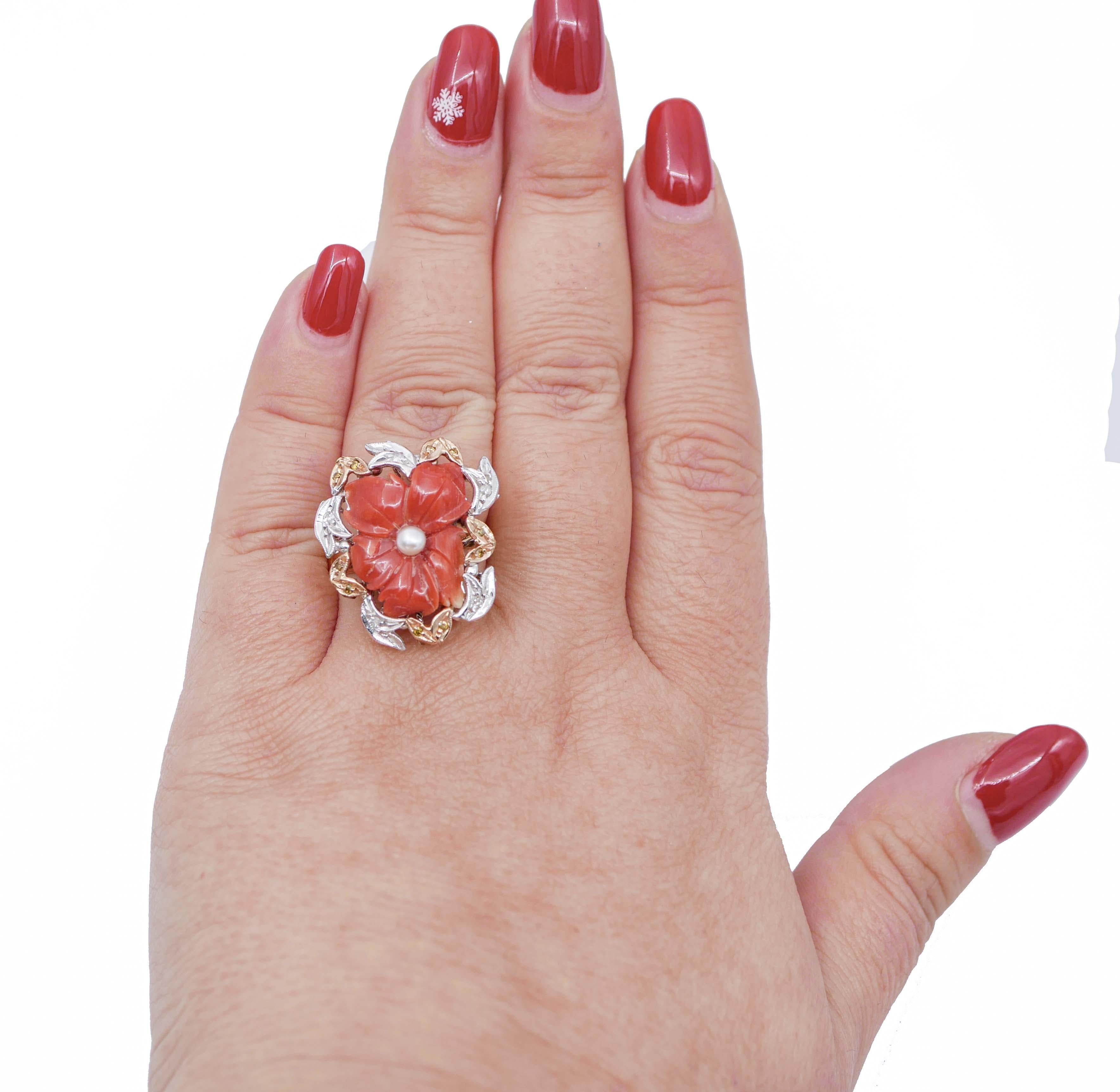 Mixed Cut Coral, Fancy and White Diamonds, Pearls, 14 Karat White and Rose Gold Ring For Sale