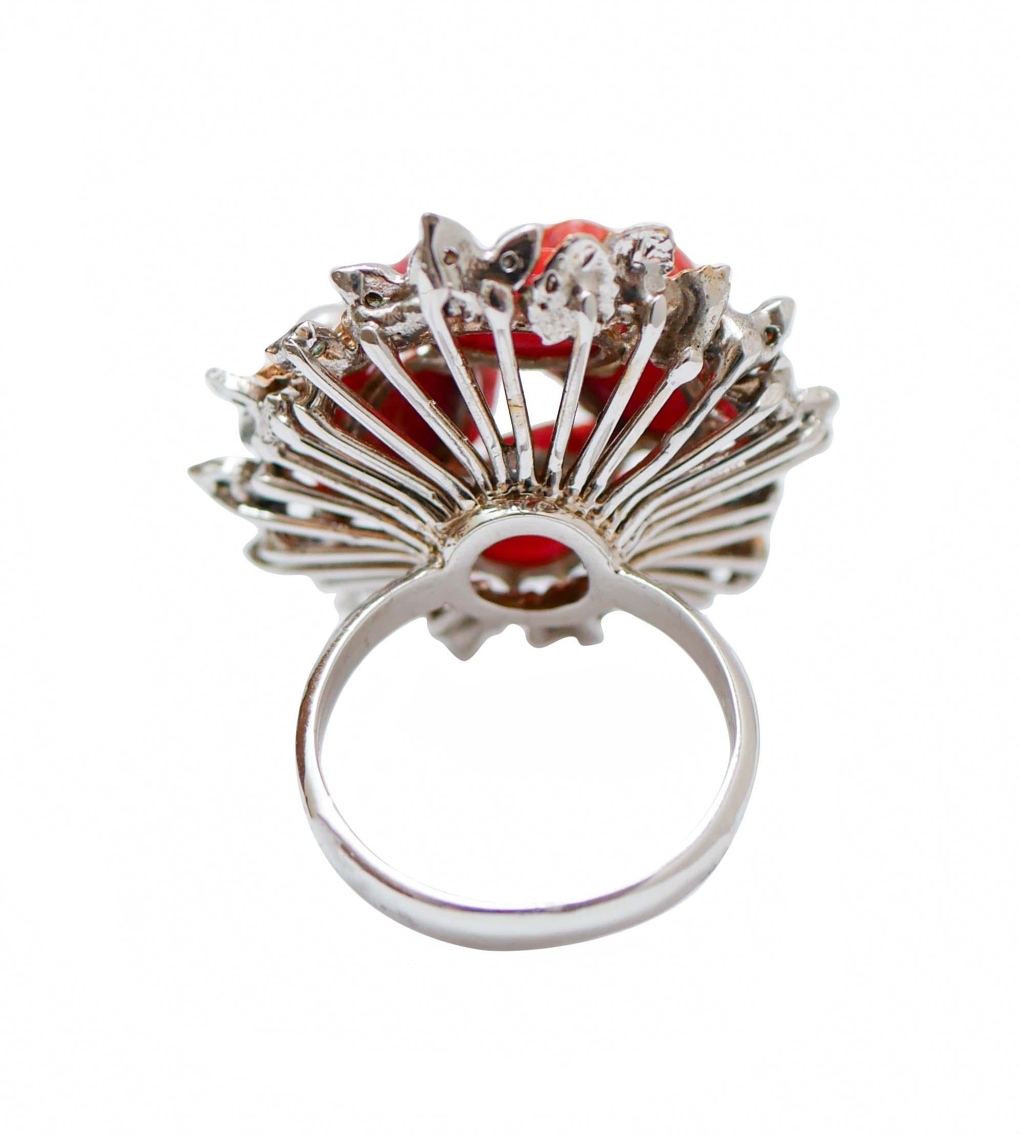 Retro Coral, Fancy Diamonds, Pearls, 14 Karat White Gold and Rose Gold Ring.  For Sale