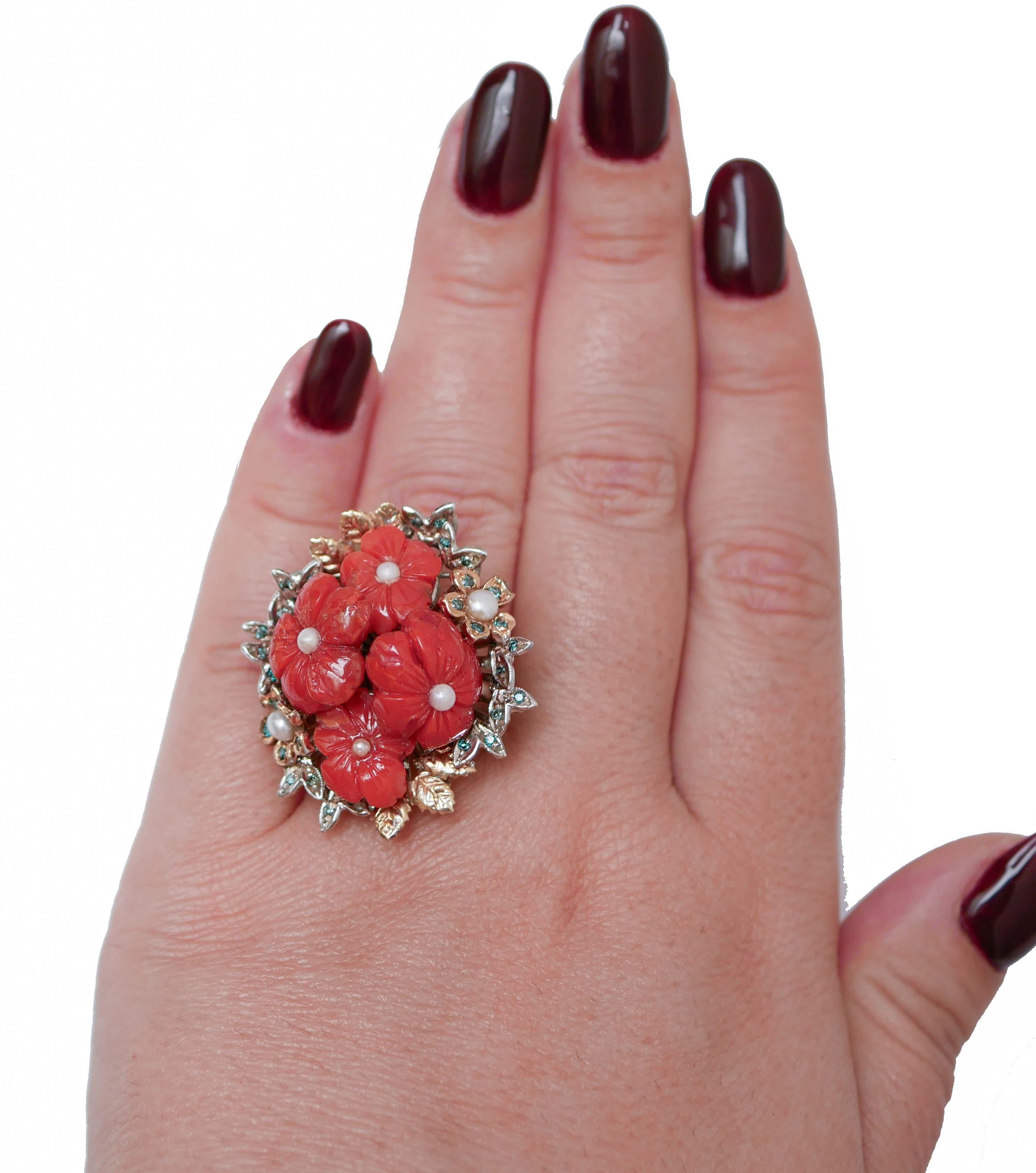 Mixed Cut Coral, Fancy Diamonds, Pearls, 14 Karat White Gold and Rose Gold Ring.  For Sale