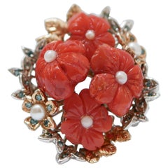 Bague en or blanc et or rose 14 carats, diamants fantaisie, perles