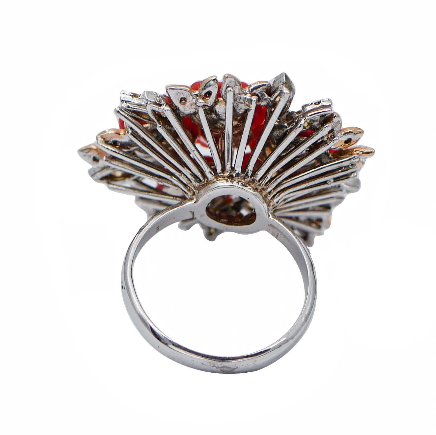 Retro Coral, Fancy Diamonds, Sapphires, Pearls, 14 Karat White and Rose Gold Ring For Sale