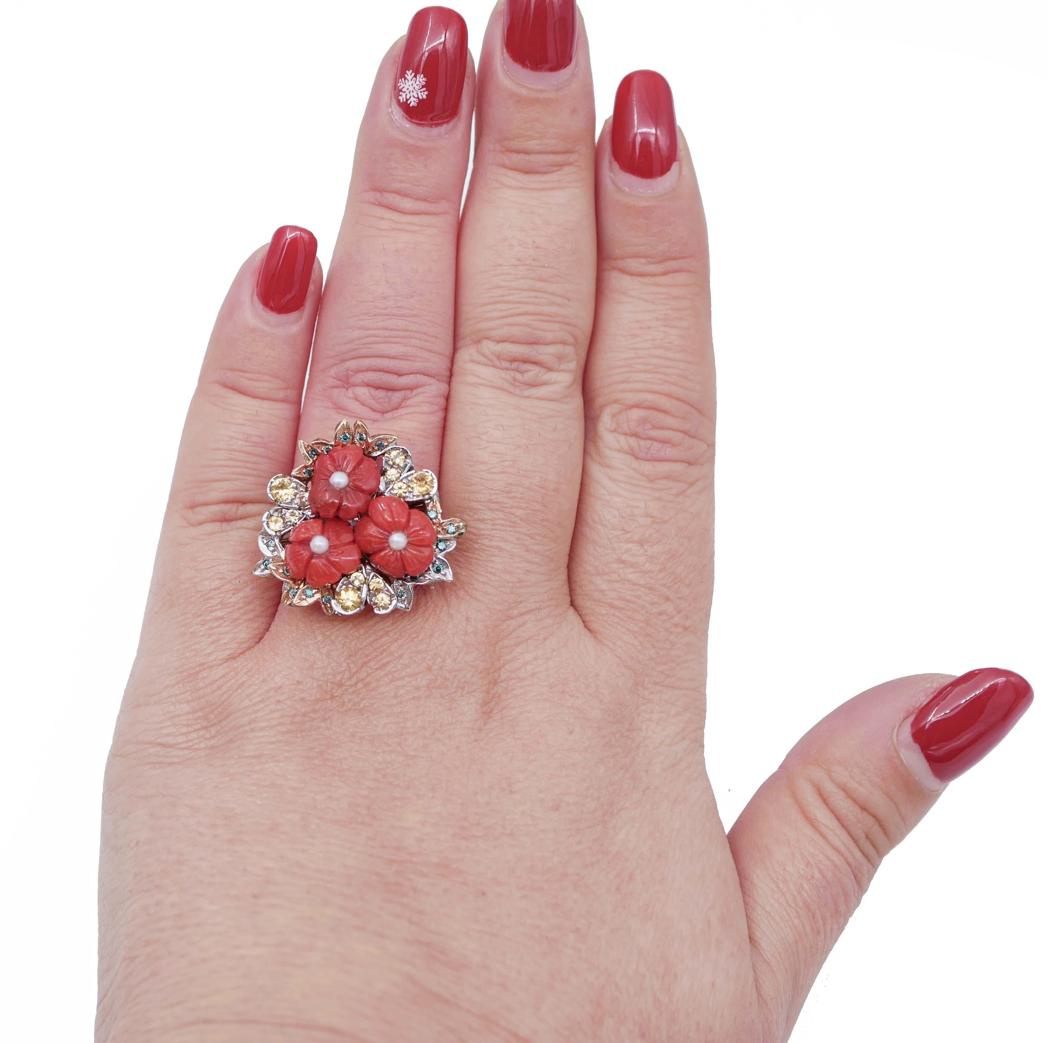 Mixed Cut Coral, Fancy Diamonds, Sapphires, Pearls, 14 Karat White and Rose Gold Ring For Sale