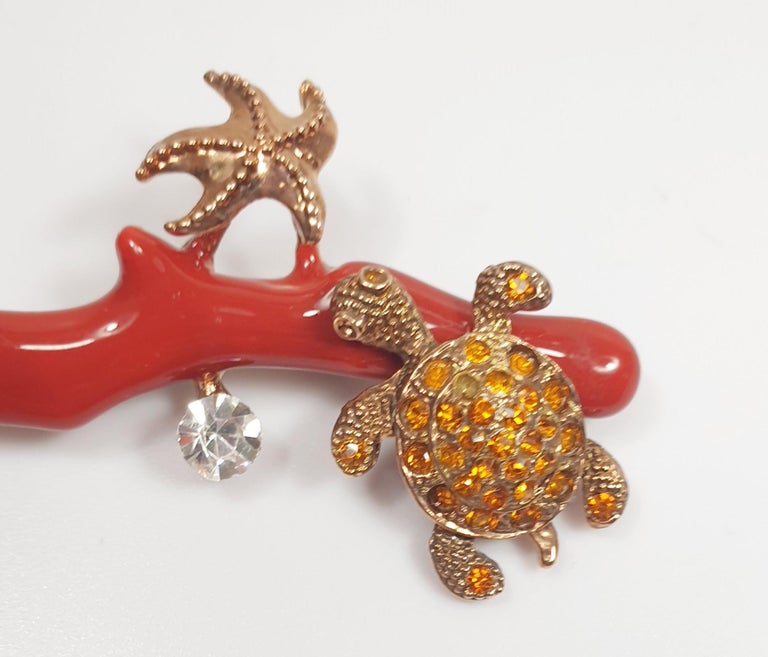 Bead Coral Fantasy Brooche with tortoise and starfish  Schlumberger marine style