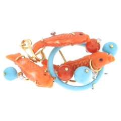 Coral Fish Turquoise Diamonds 18 Karat White And Yellow Gold Brooch
