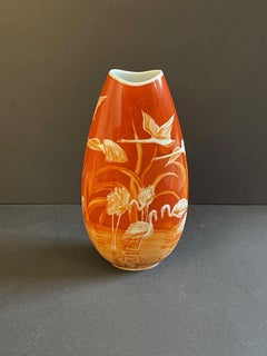 Coral Flamingos & Swans Vase by Thomas Rosenthal, Hand Painted, 1963s Germany