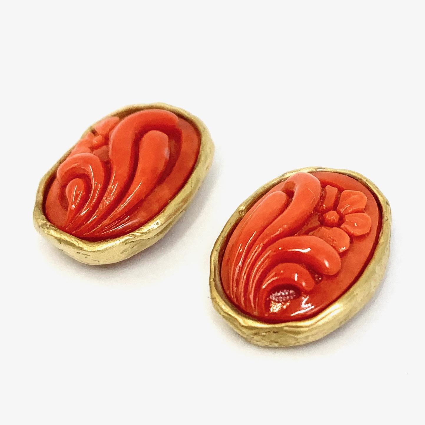 Contemporary Coral Flower Cameo Post Earrings Set in 18 Karat Yellow Gold