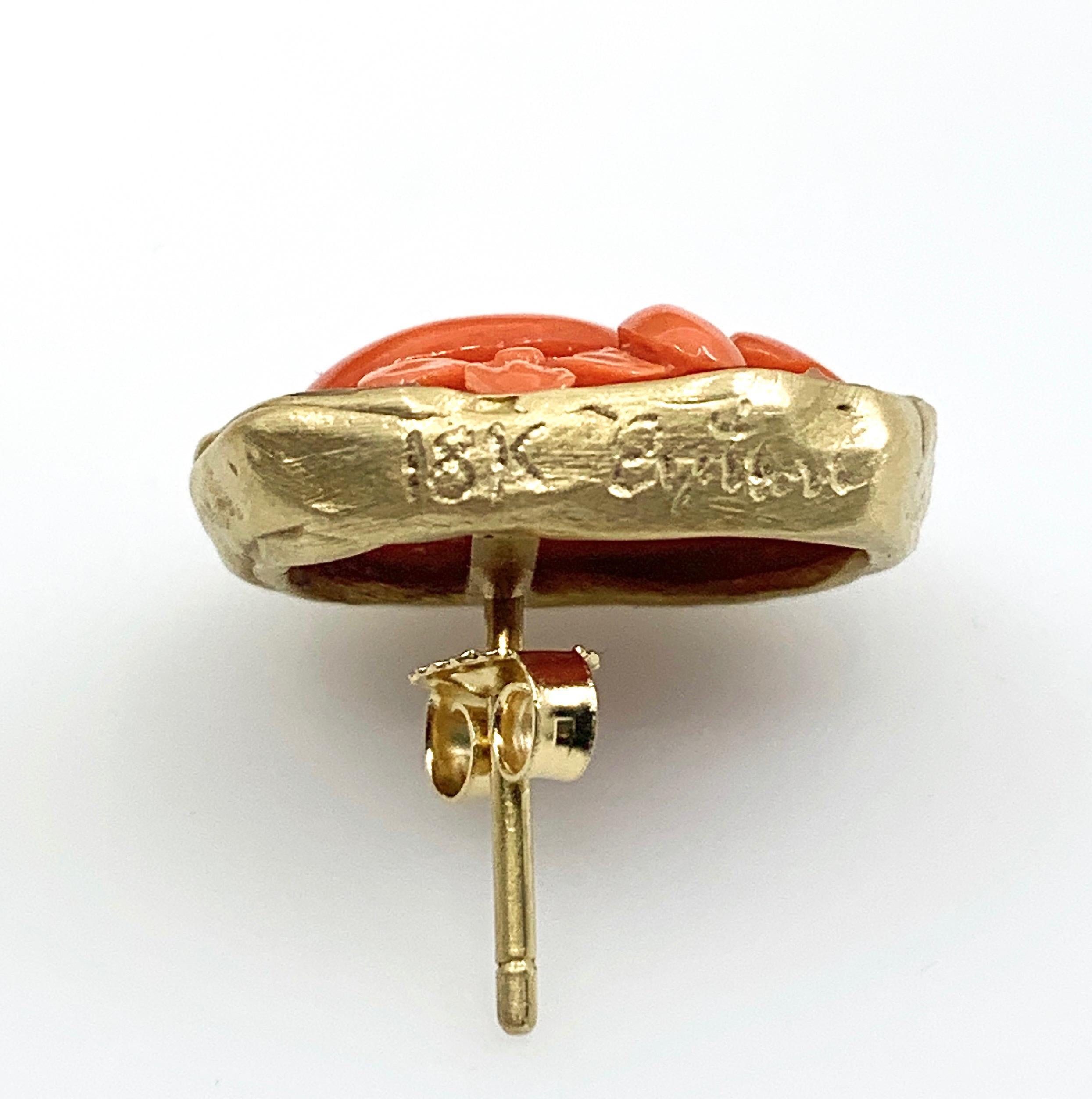 Women's or Men's Coral Flower Cameo Post Earrings Set in 18 Karat Yellow Gold