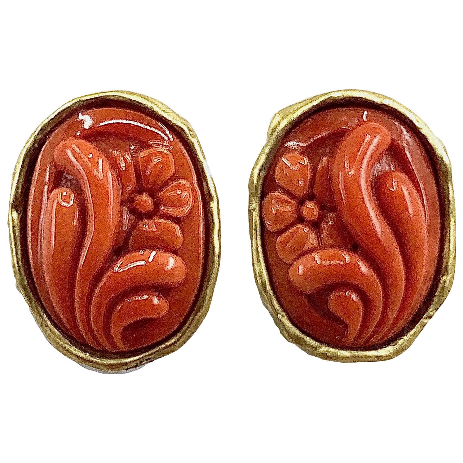 Coral Flower Cameo Post Earrings Set in 18 Karat Yellow Gold