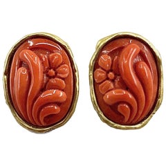 Coral Flower Cameo Post Earrings Set in 18 Karat Yellow Gold