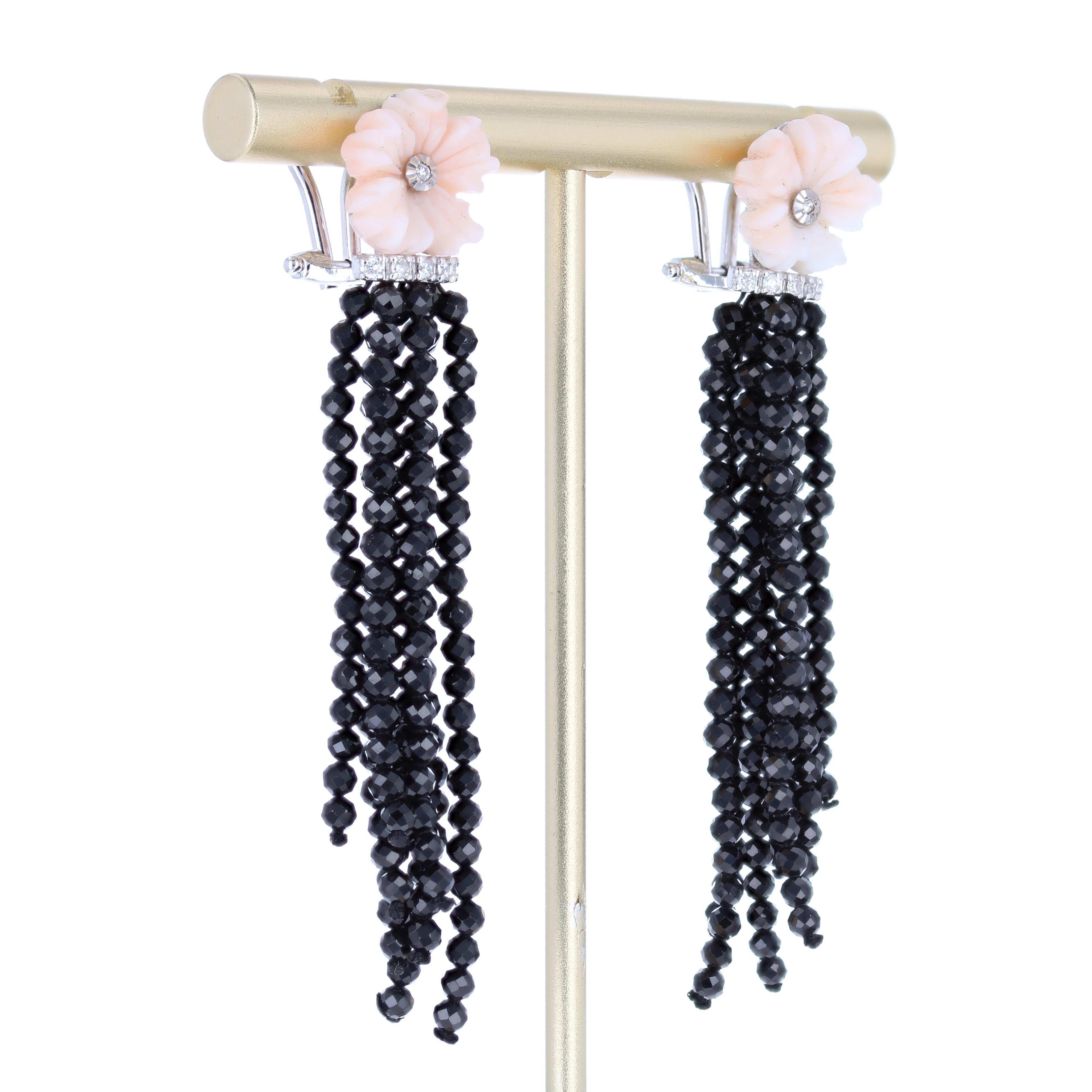 Pendientes Colgantes Flor Coral Diamantes Espinela Negra Oro Blanco 18 k en venta 4