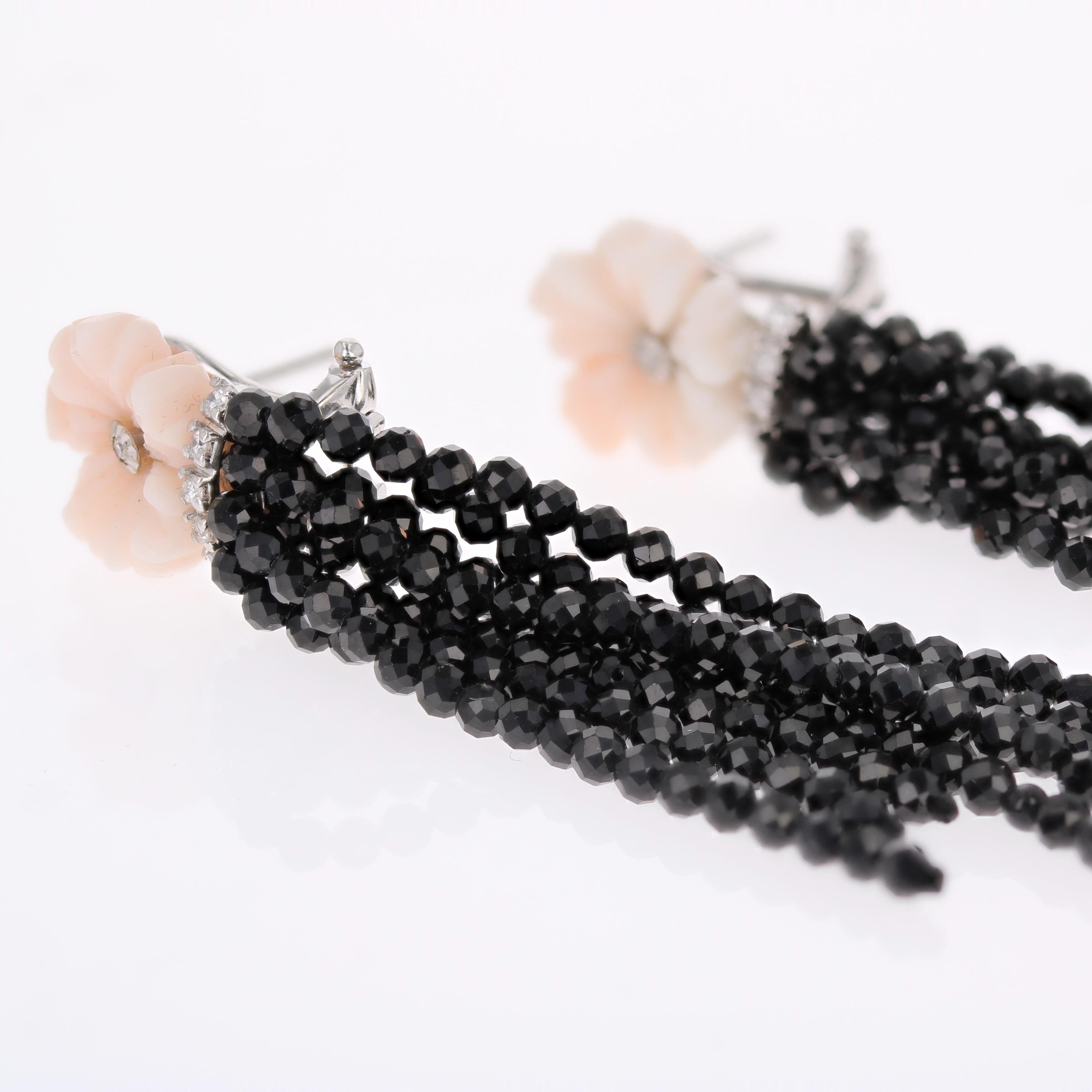 Pendientes Colgantes Flor Coral Diamantes Espinela Negra Oro Blanco 18 k en venta 5