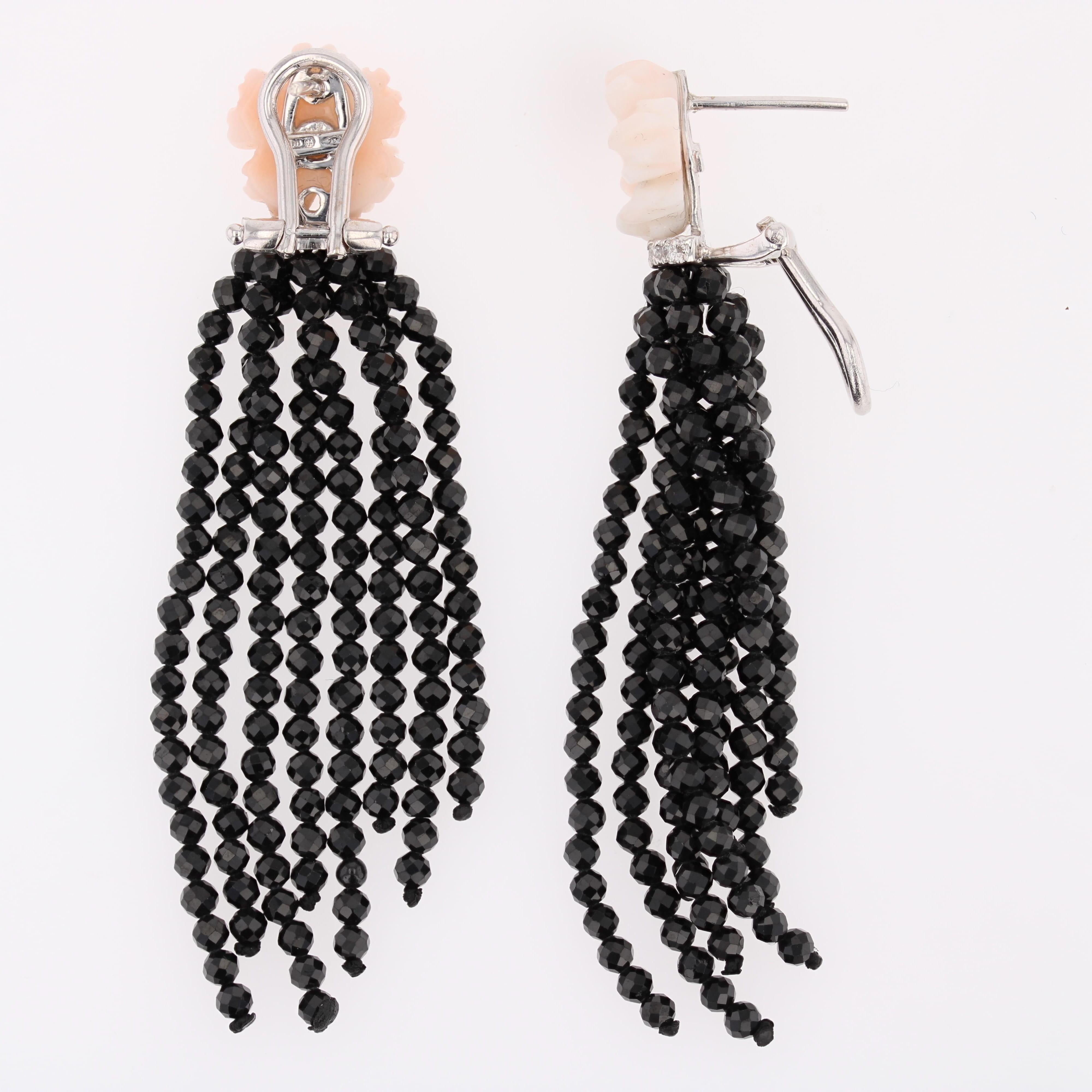 Pendientes Colgantes Flor Coral Diamantes Espinela Negra Oro Blanco 18 k en venta 6