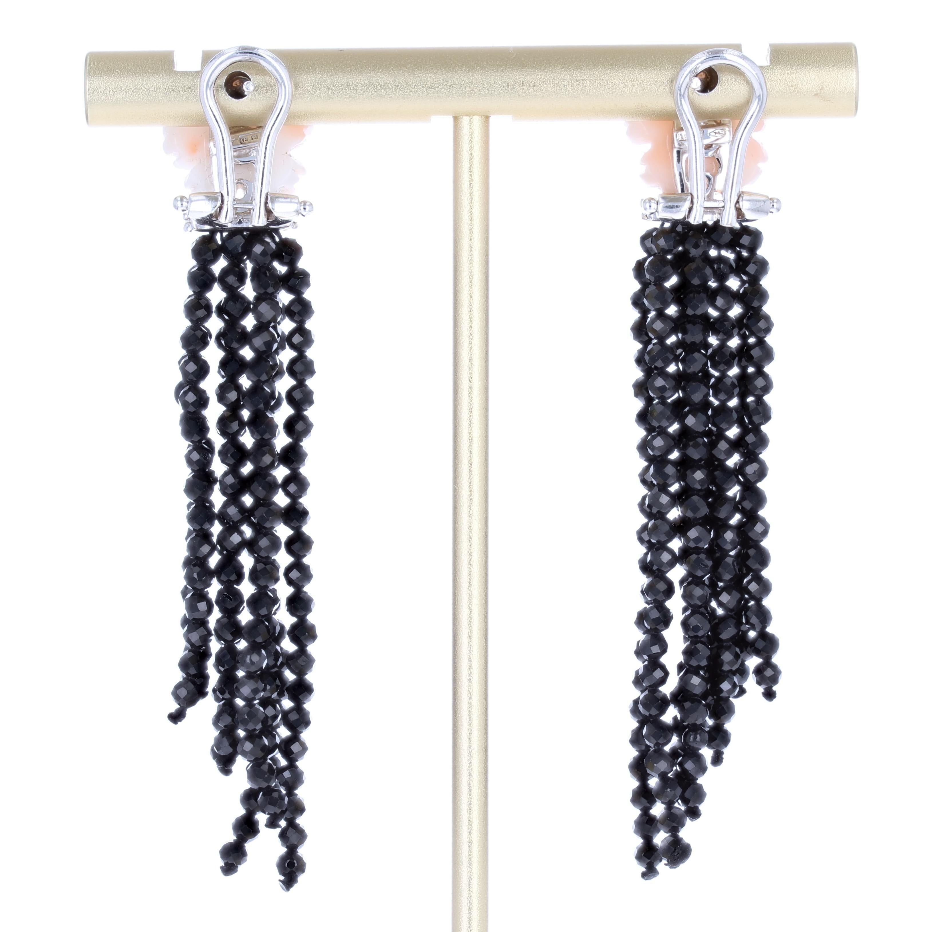 Pendientes Colgantes Flor Coral Diamantes Espinela Negra Oro Blanco 18 k en venta 7