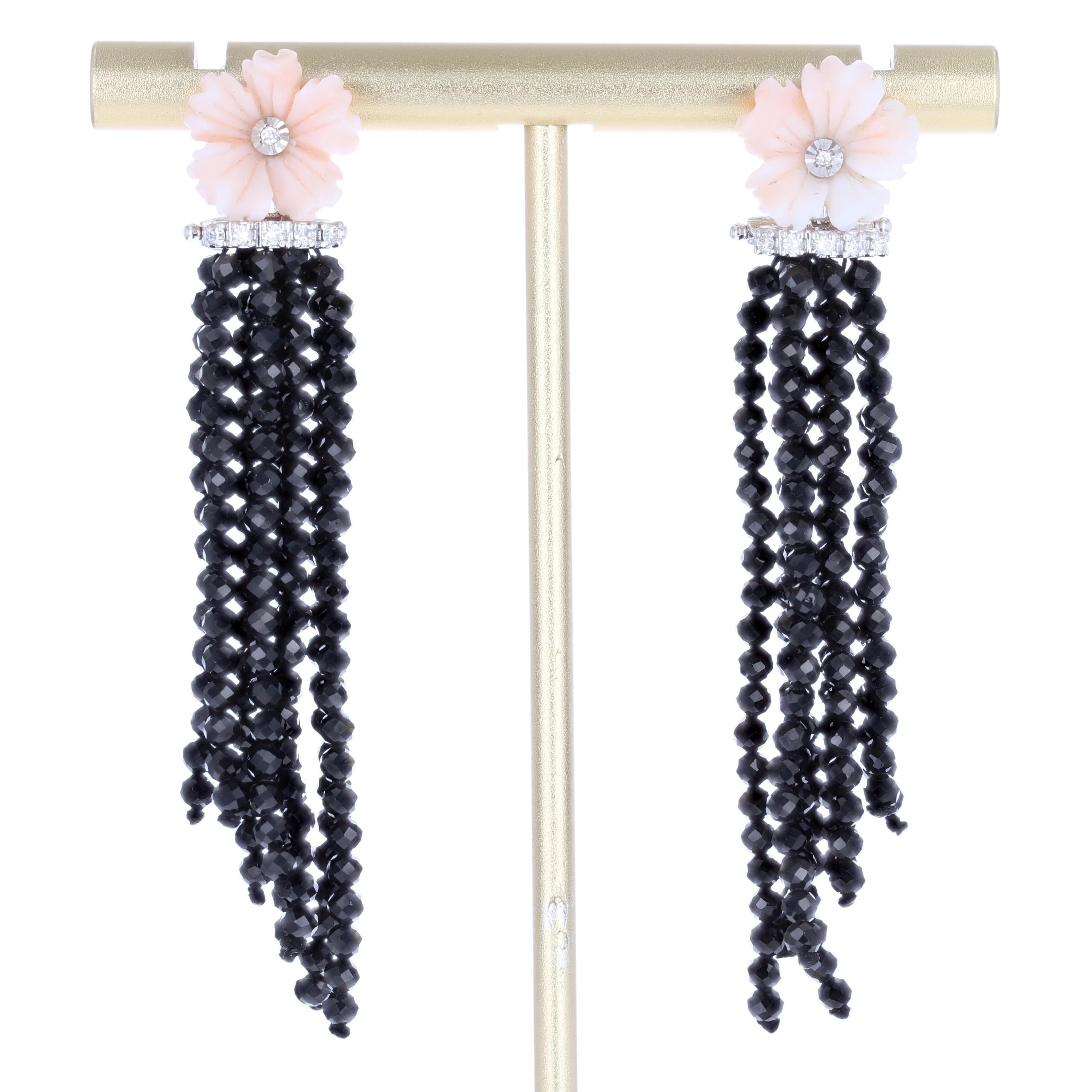 Pendientes Colgantes Flor Coral Diamantes Espinela Negra Oro Blanco 18 k en venta 8