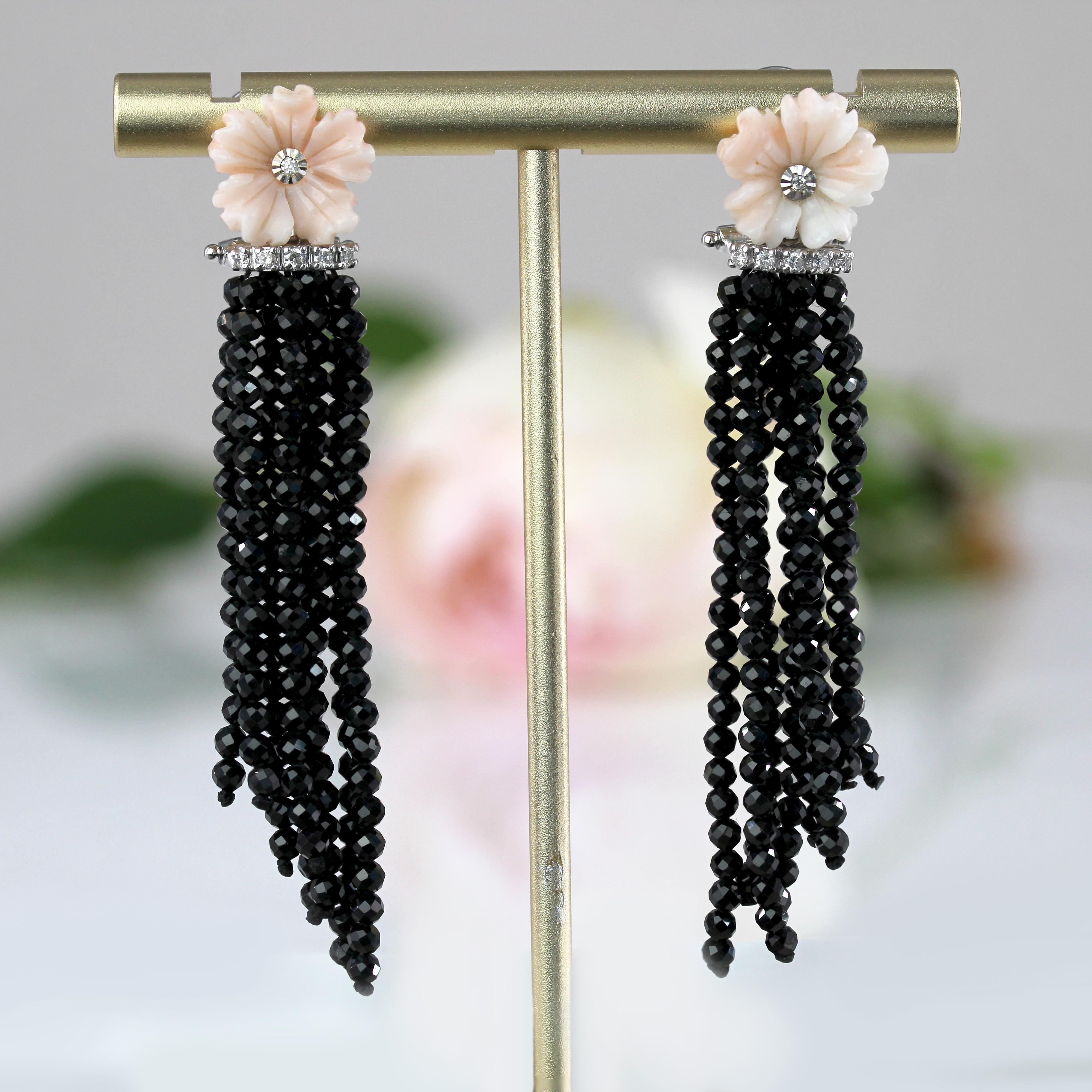 Pendientes Colgantes Flor Coral Diamantes Espinela Negra Oro Blanco 18 k Art Decó en venta