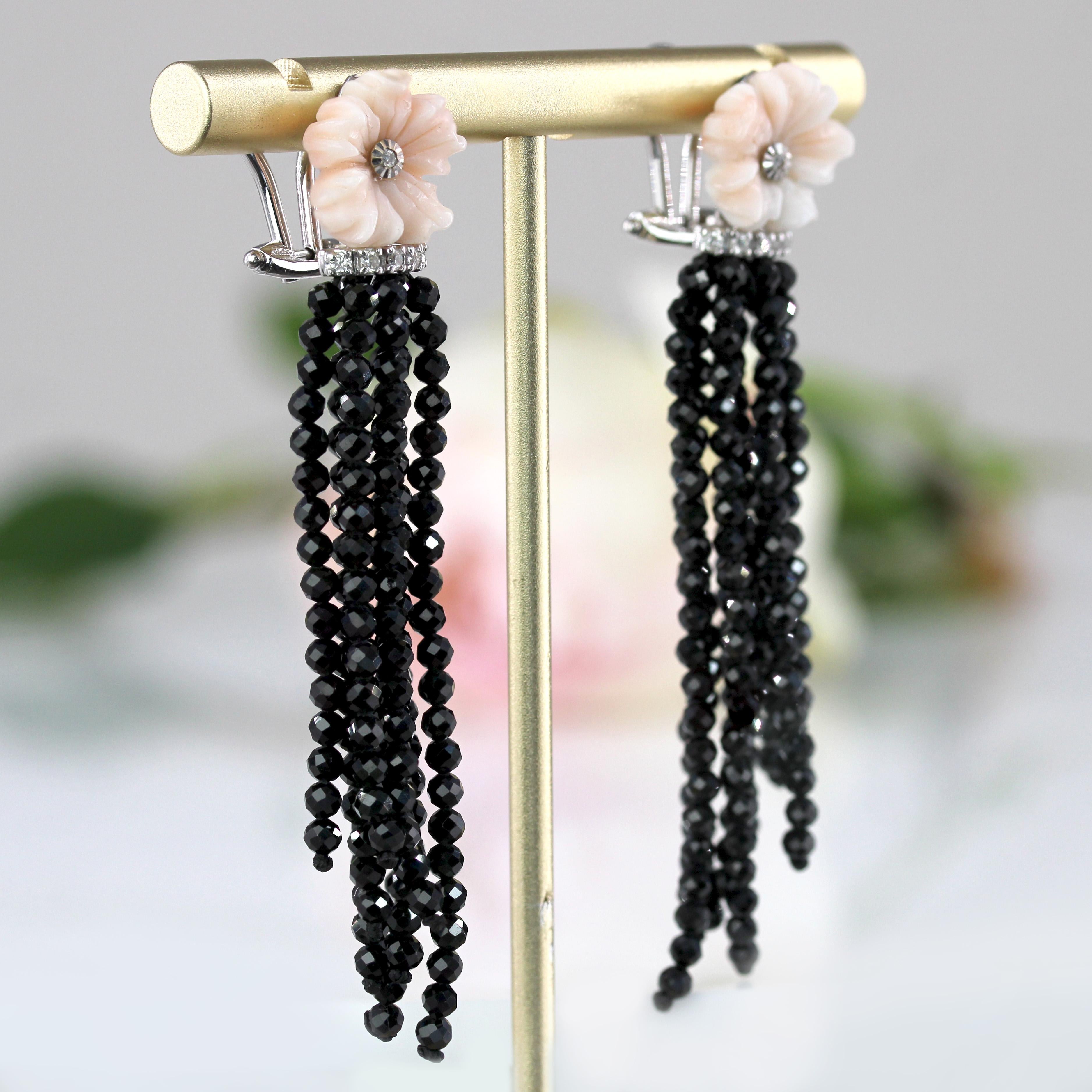 Pendientes Colgantes Flor Coral Diamantes Espinela Negra Oro Blanco 18 k en venta 1