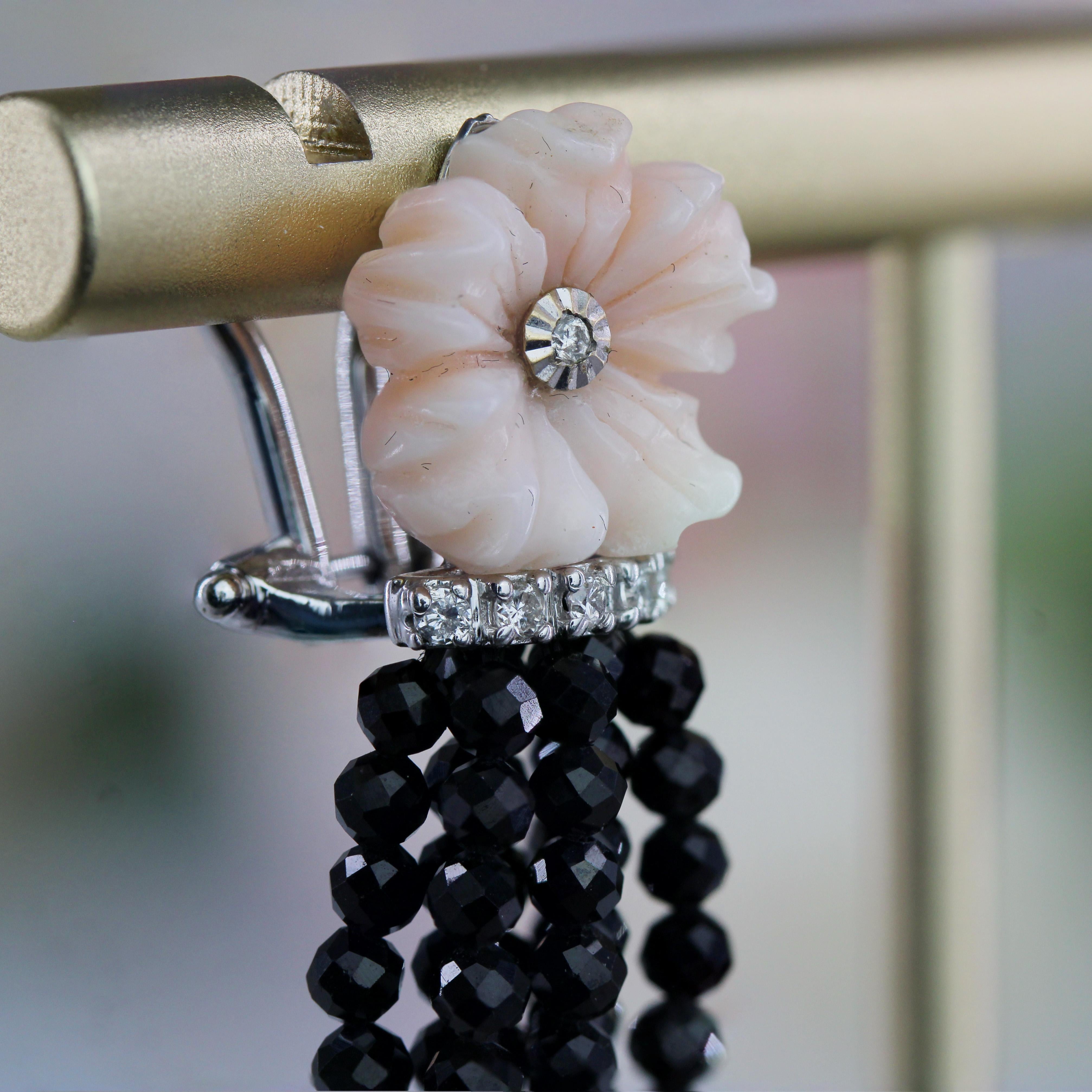 Pendientes Colgantes Flor Coral Diamantes Espinela Negra Oro Blanco 18 k en venta 3