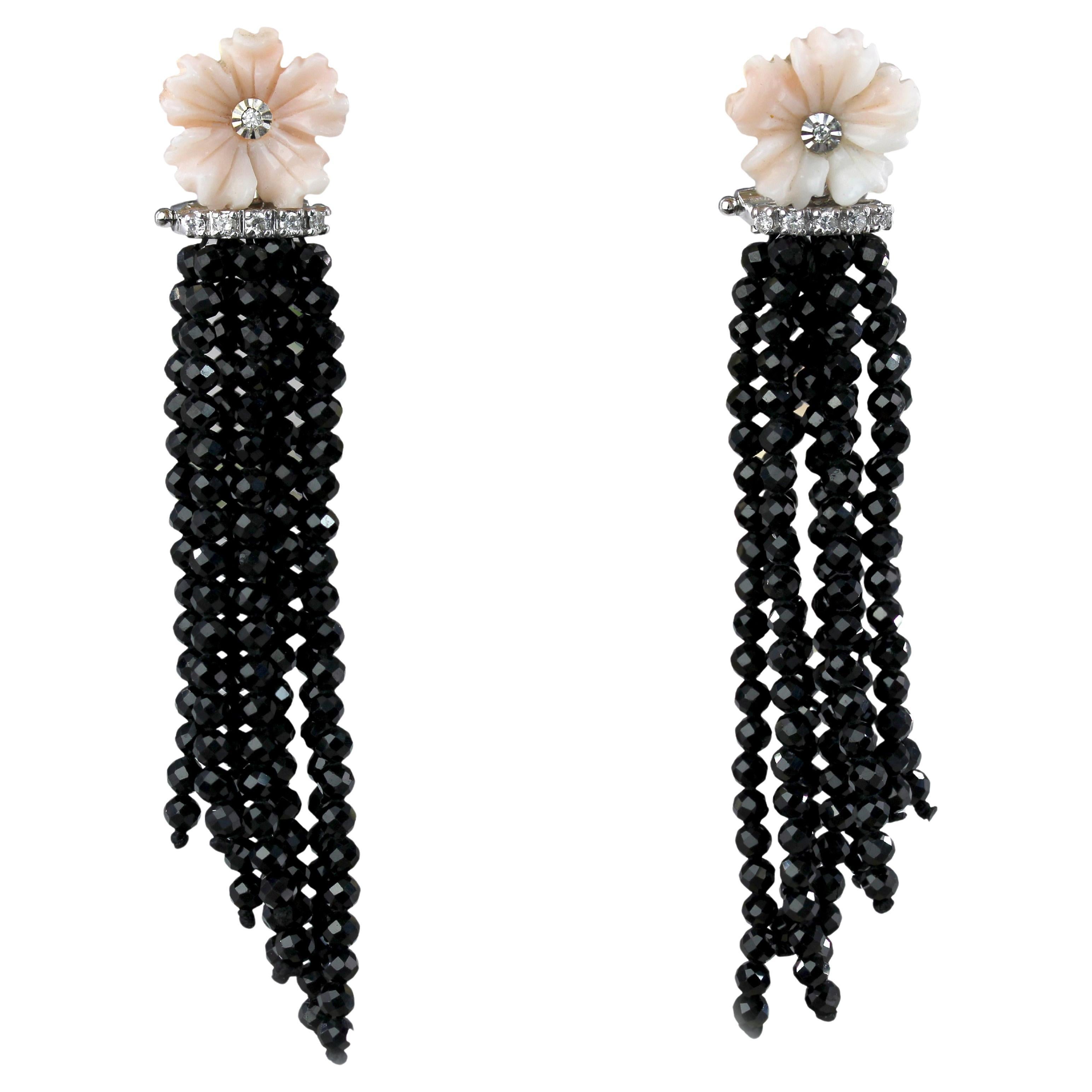 Pendientes Colgantes Flor Coral Diamantes Espinela Negra Oro Blanco 18 k en venta