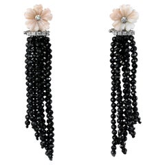 Coral Flower Diamonds Black Spinel 18 k White Gold Dangle Earrings