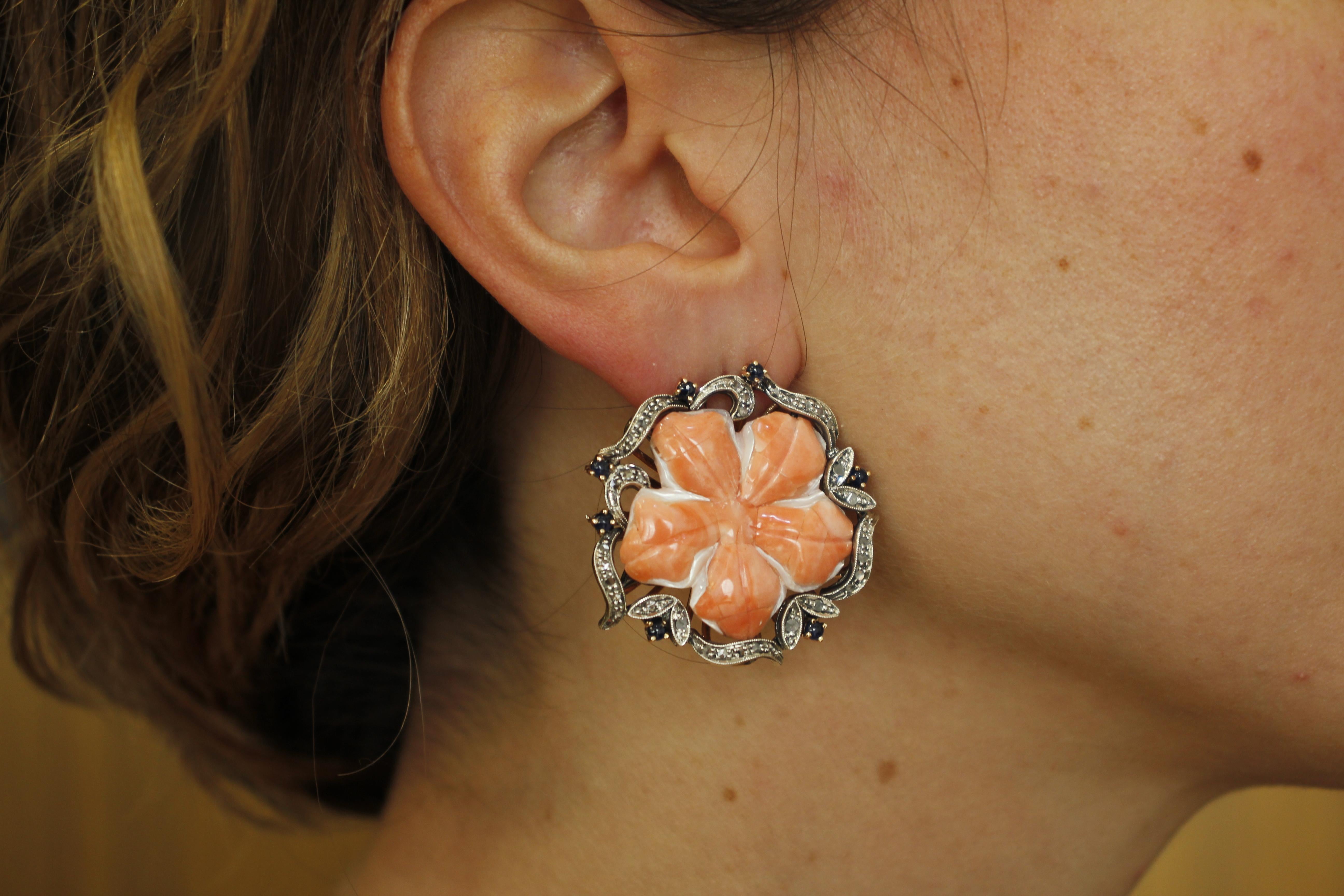 Women's Red Coral Flowers, Diamonds, Blue Sapphires, 9K Rose Gold and Silver Earrings