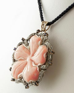 Orange/Pink Coral Flower, Diamonds, Sapphires, Rose Gold and Silver Pendant