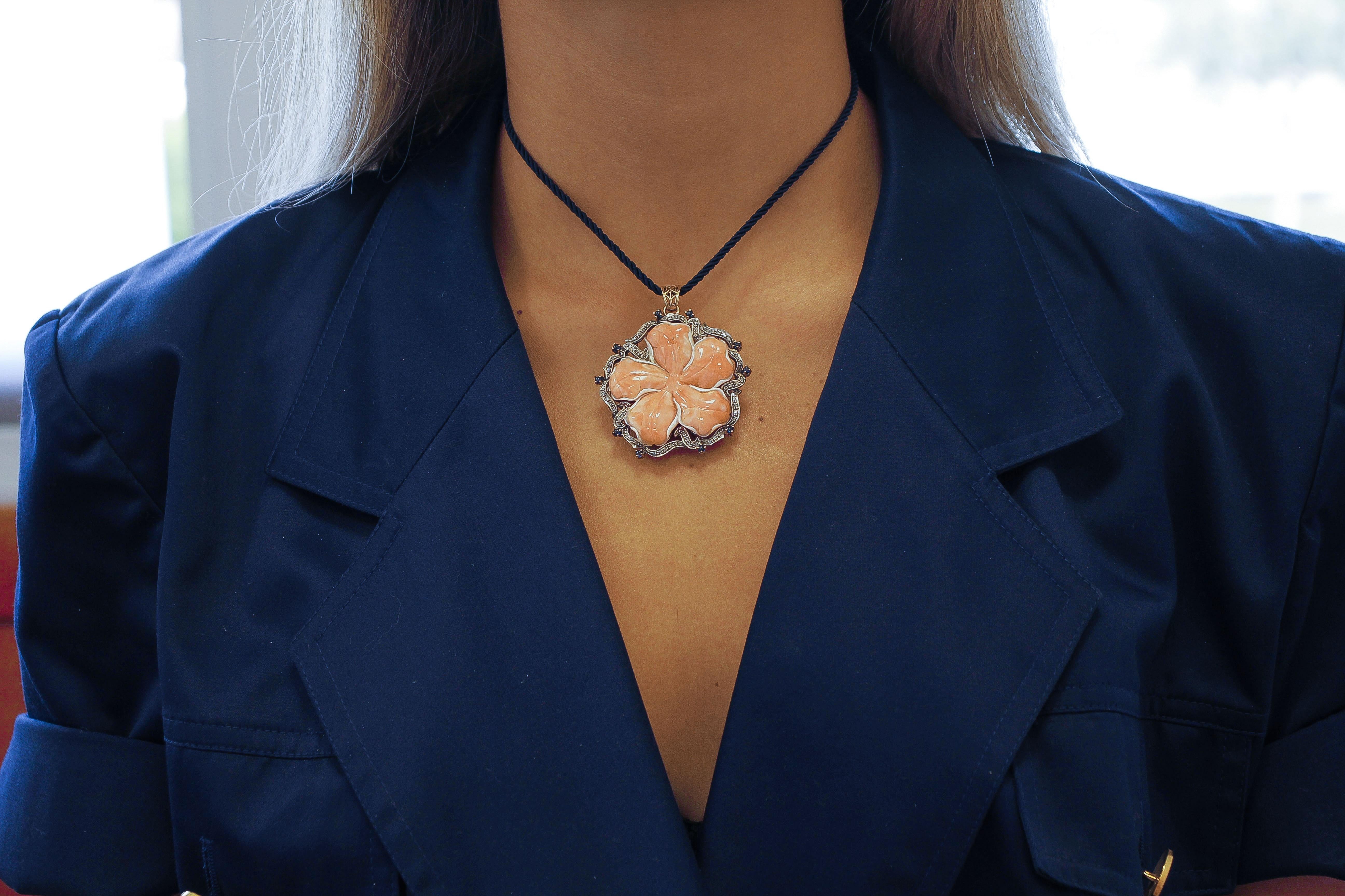 Retro Orange/Pink Coral Flower, Diamonds, Sapphires, Rose Gold and Silver Pendant For Sale