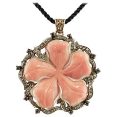 Orange/Pink Coral Flower, Diamonds, Sapphires,Rose Gold and Silver Pendant