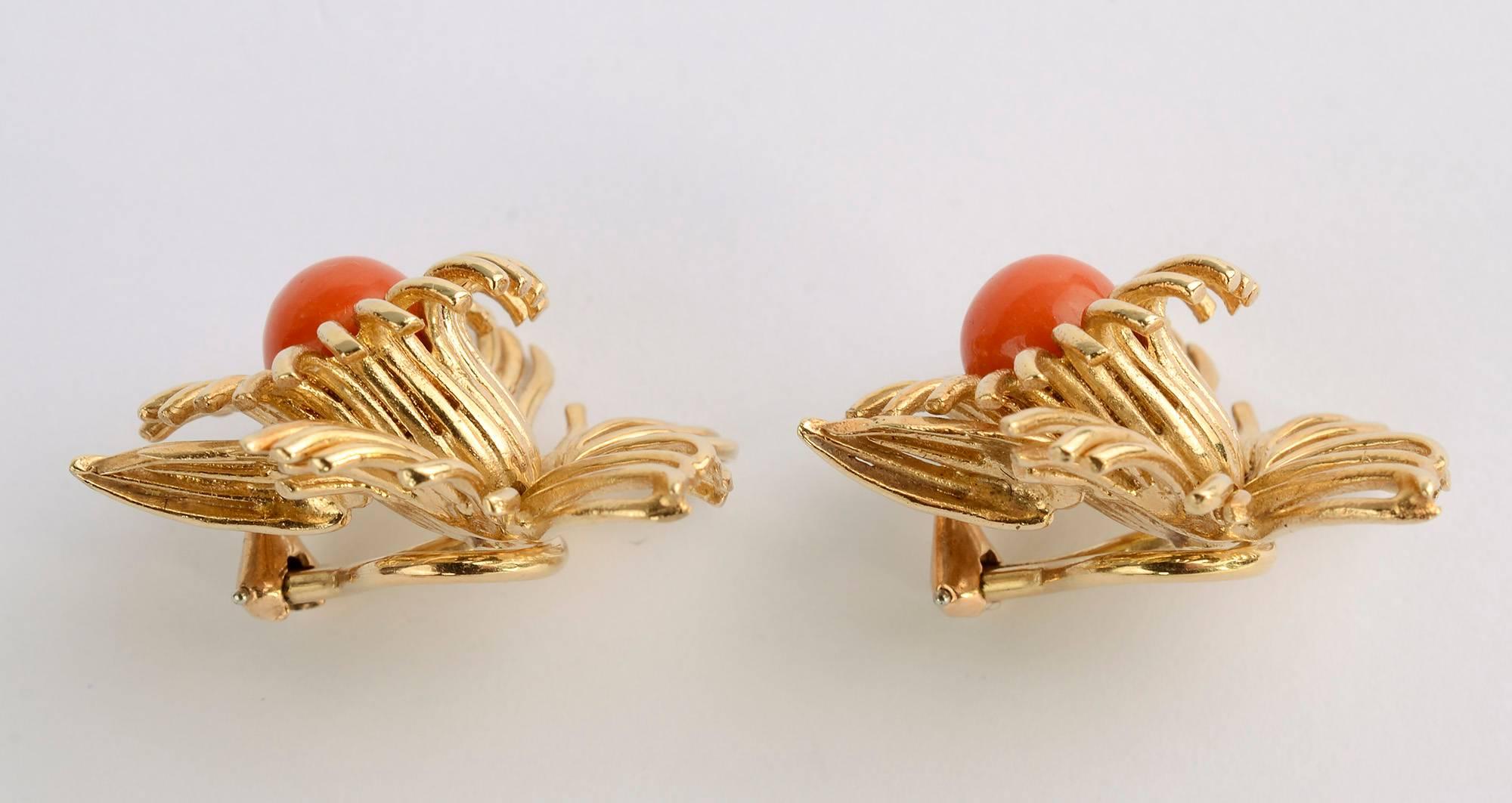 Modern Coral Flower Gold Earrings For Sale