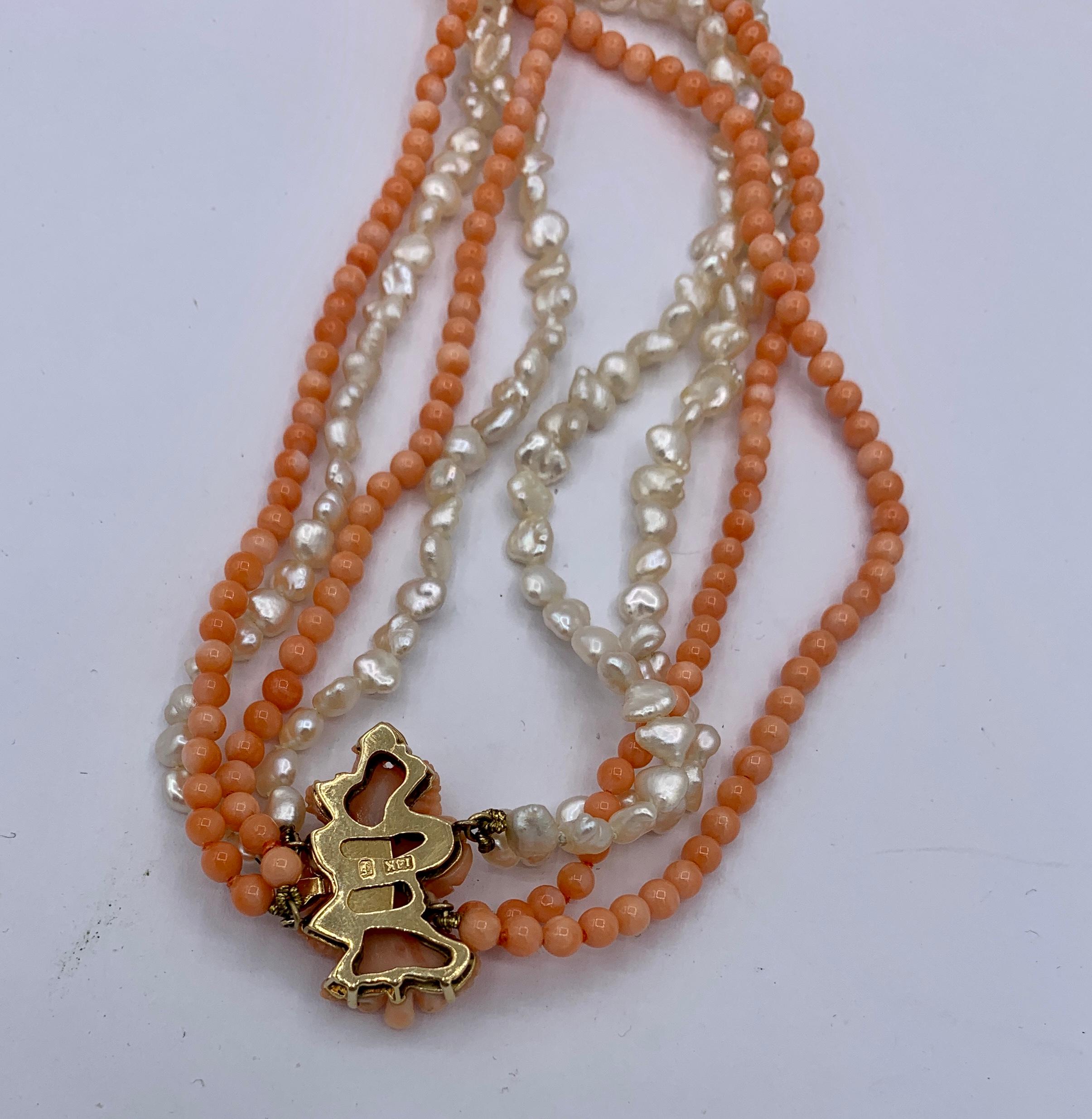 Coral Flower Pearl Necklace 14 Karat Gold 4 Strand Torsade Hand Carved 32 Inch For Sale 4