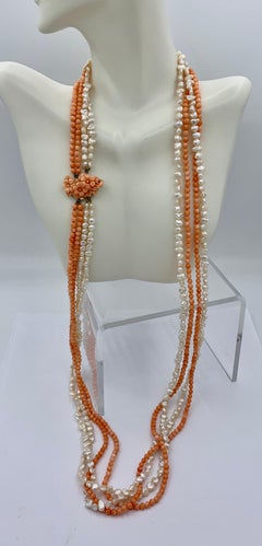 Coral Flower Pearl Necklace 14 Karat Gold 4 Strand Torsade Hand Carved 32 Inch