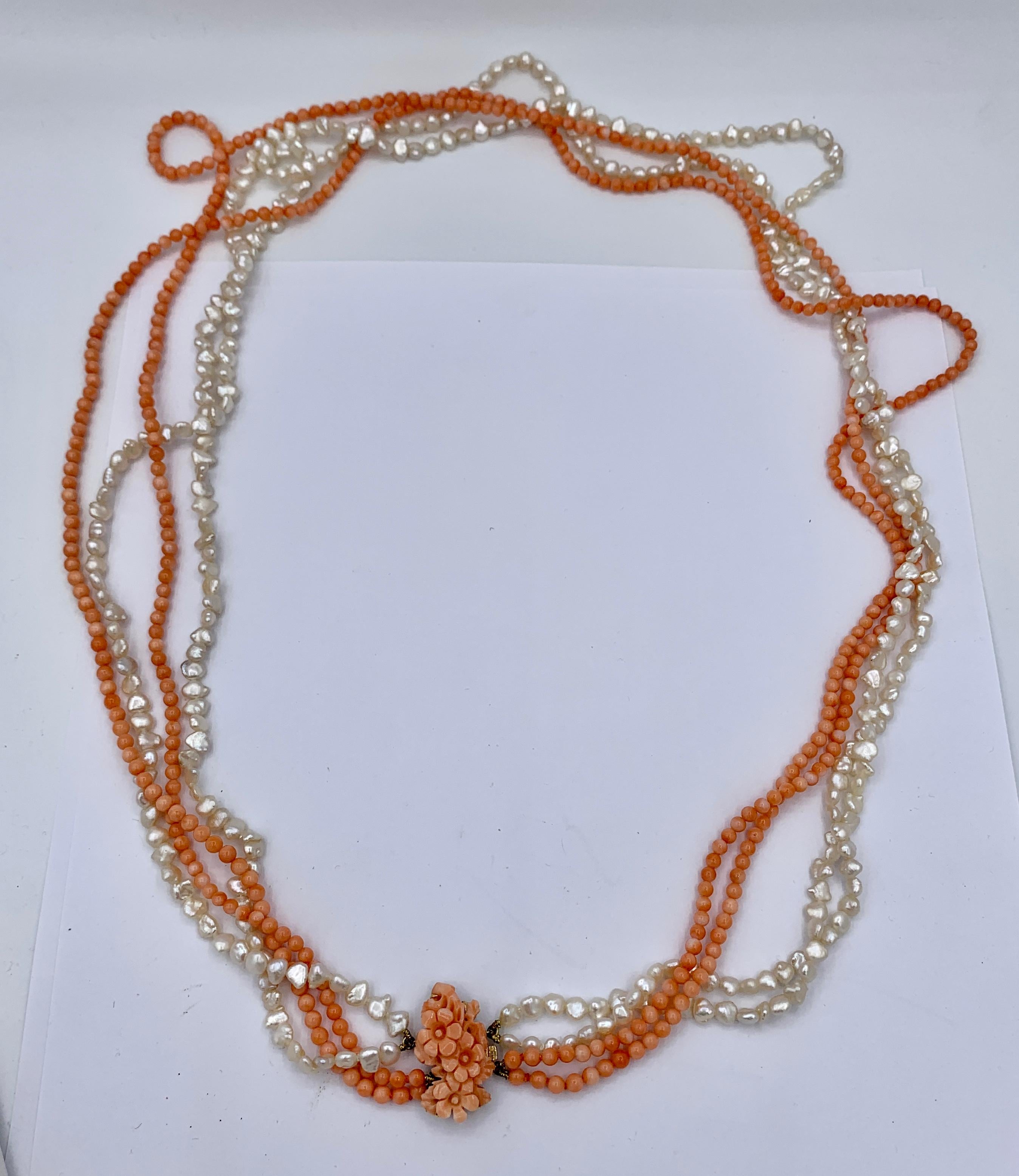 Retro Coral Flower Pearl Necklace 14 Karat Gold 4 Strand Torsade Hand Carved 32 Inch For Sale