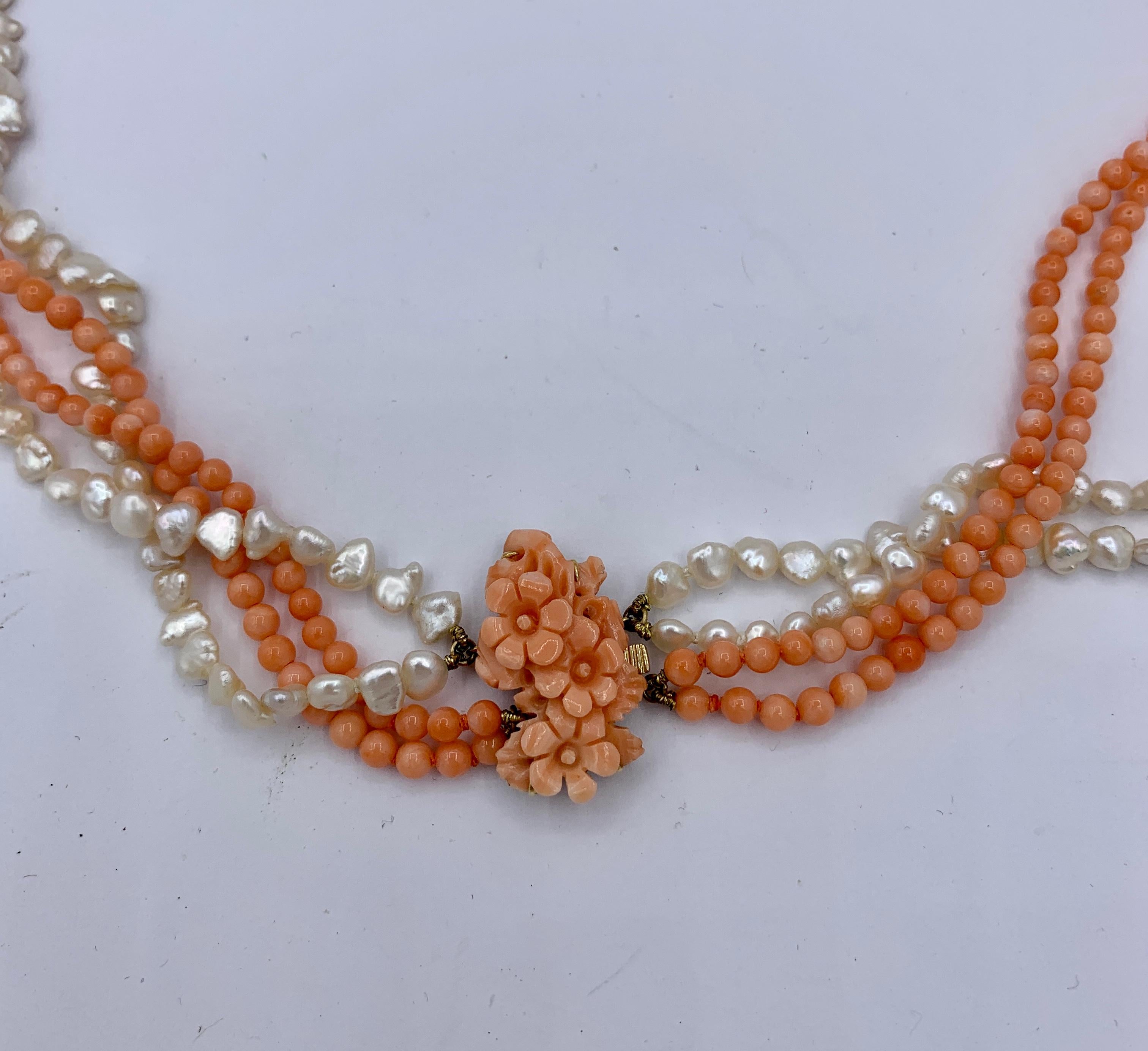 Bead Coral Flower Pearl Necklace 14 Karat Gold 4 Strand Torsade Hand Carved 32 Inch For Sale