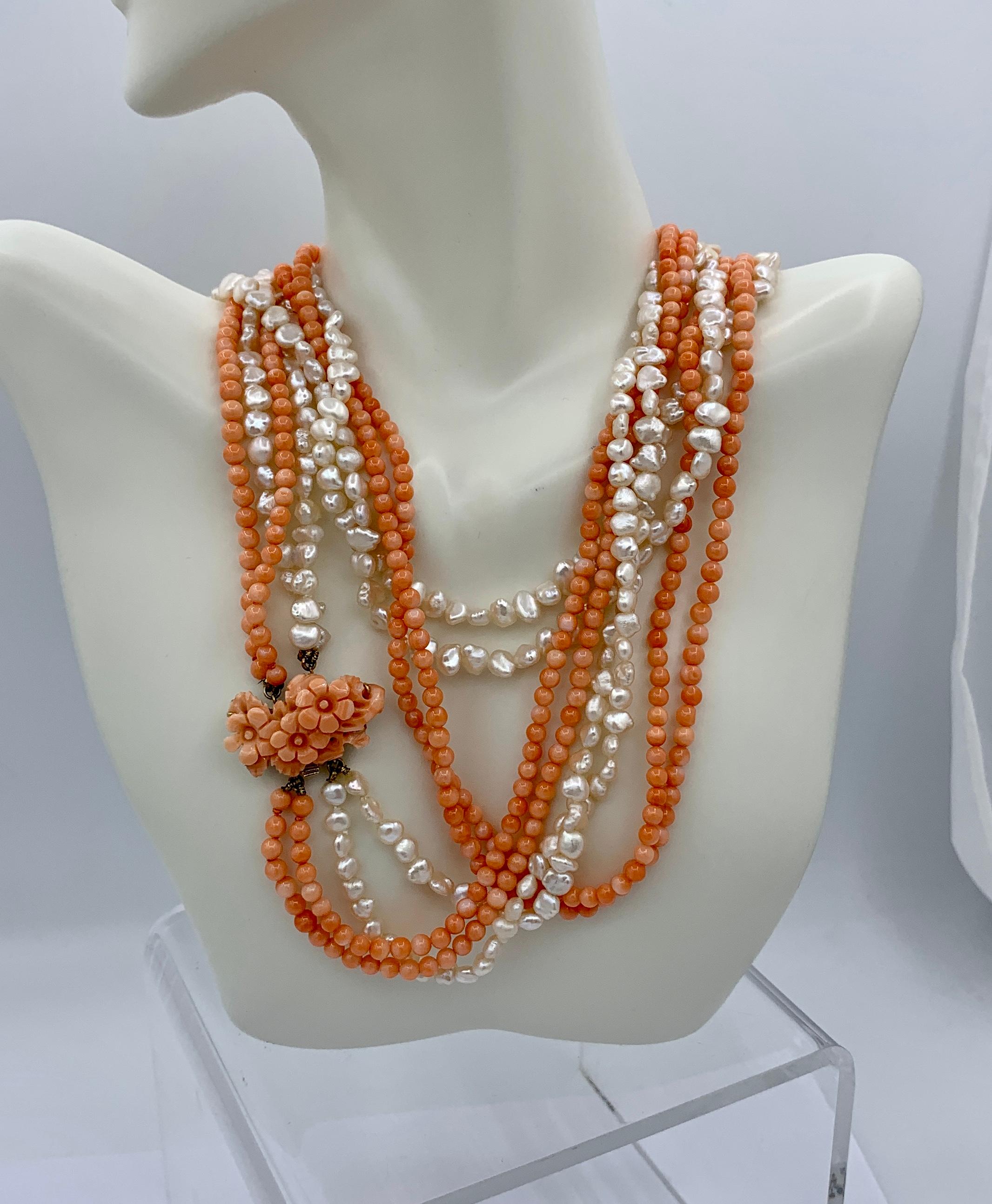Coral Flower Pearl Necklace 14 Karat Gold 4 Strand Torsade Hand Carved 32 Inch In Excellent Condition For Sale In New York, NY