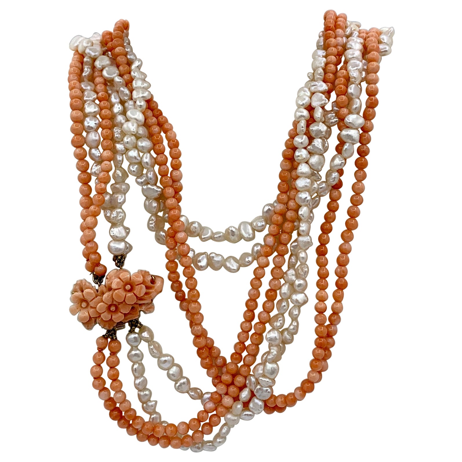 Coral Flower Pearl Necklace 14 Karat Gold 4 Strand Torsade Hand Carved 32 Inch