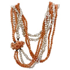 Collana di perle con fiori di corallo in oro 14 carati a 4 fili Torsade intagliata a mano da 32 pollici
