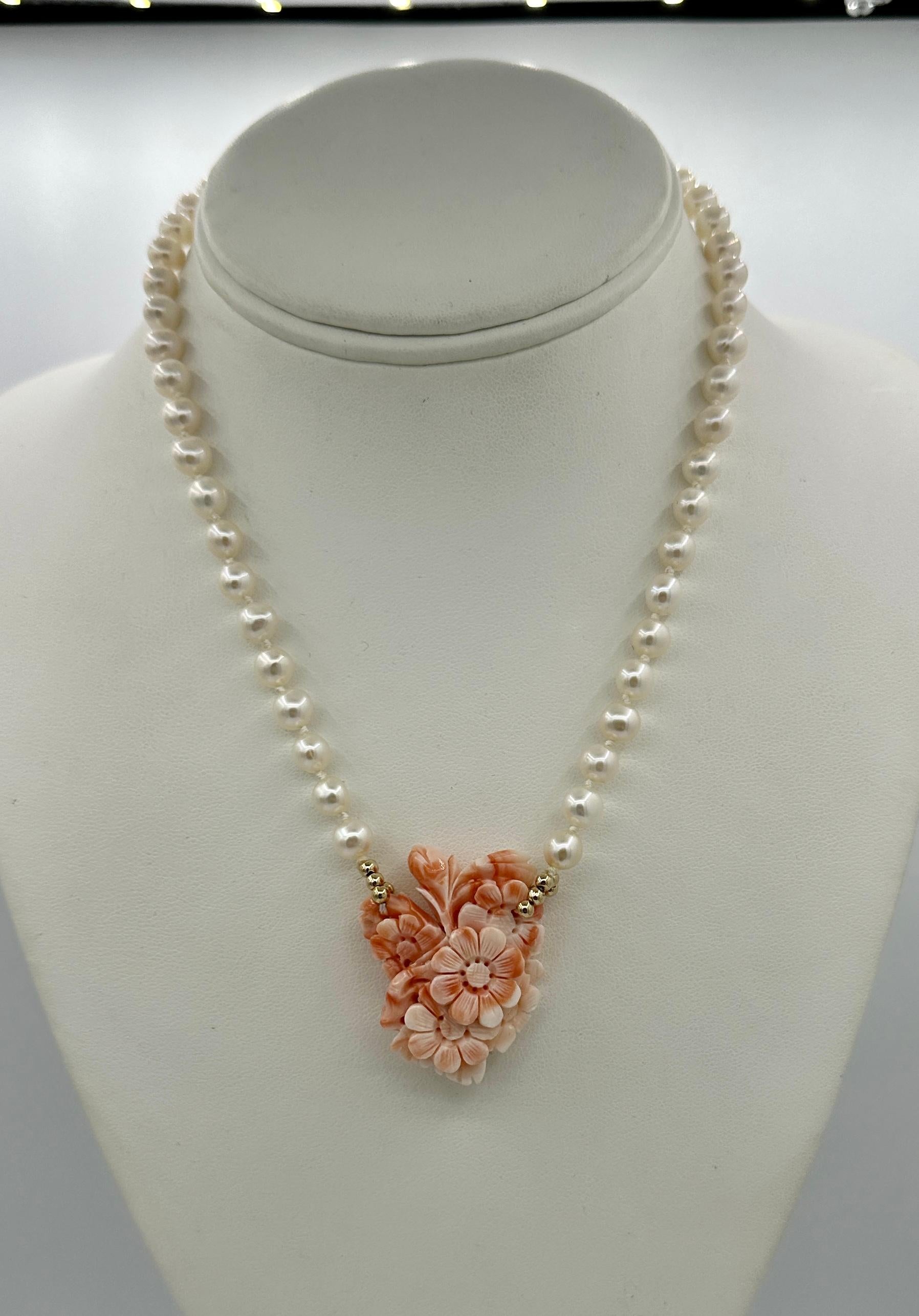 Bead Coral Flower Pearl Necklace 14 Karat Gold Hand Carved Coral Flower Bouquet For Sale