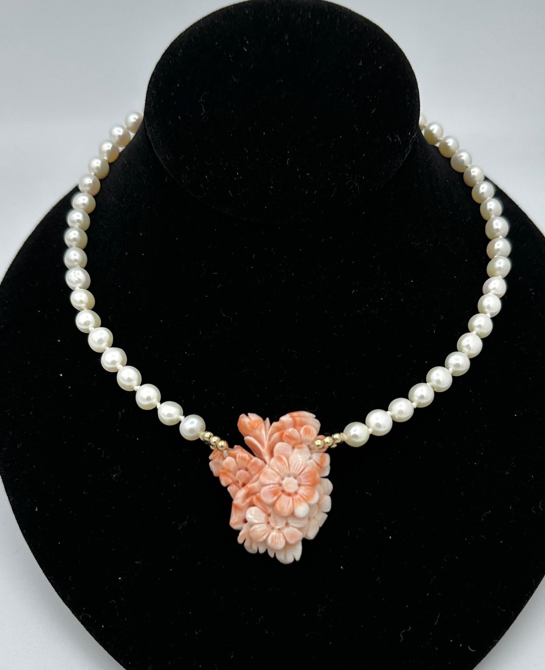 Women's Coral Flower Pearl Necklace 14 Karat Gold Hand Carved Coral Flower Bouquet For Sale