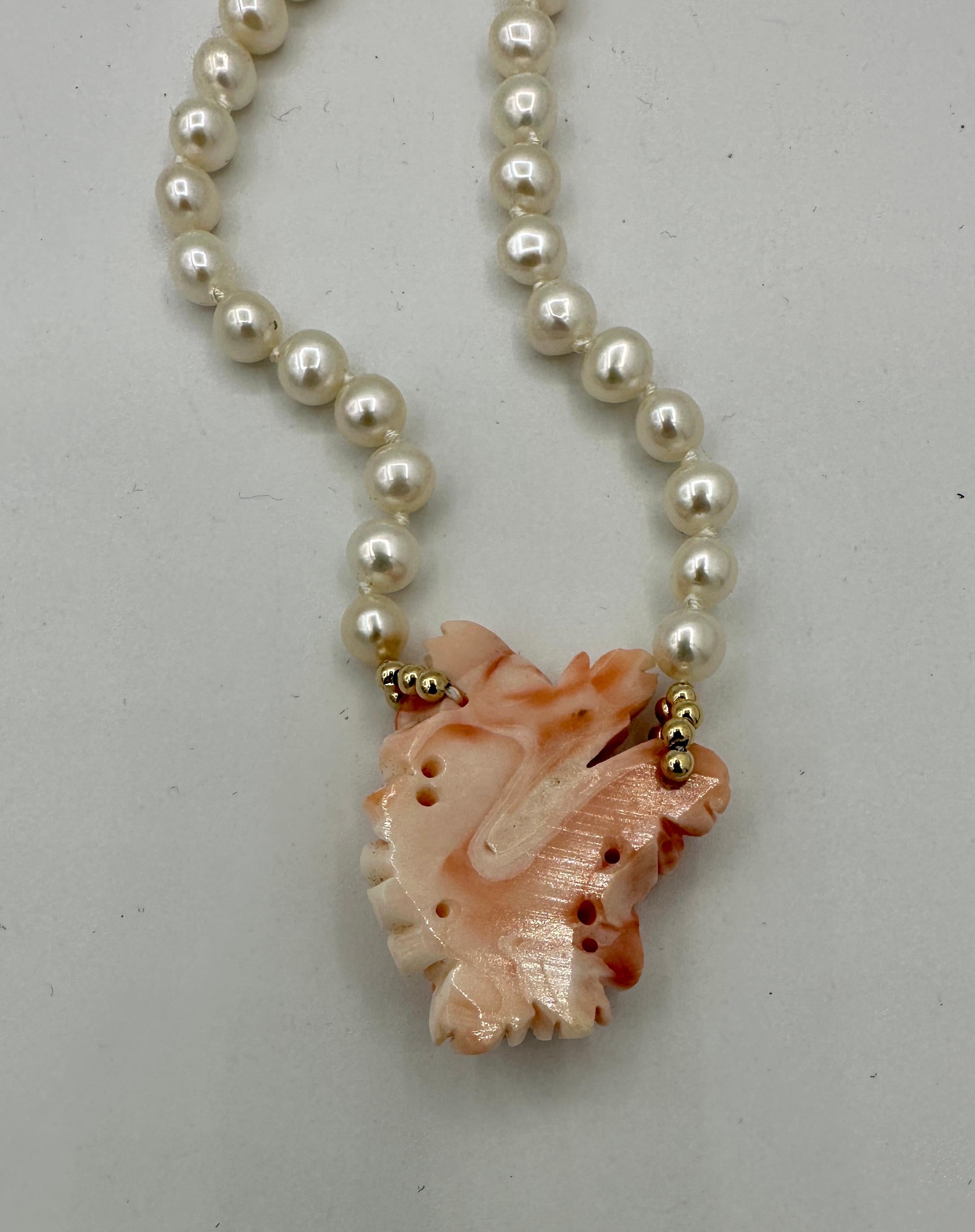 Coral Flower Pearl Necklace 14 Karat Gold Hand Carved Coral Flower Bouquet For Sale 1