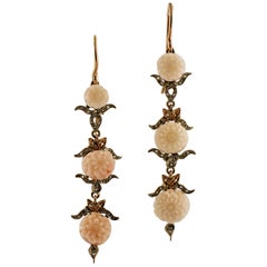 Coral Flowers, Diamonds, 9 Karat Rose Gold and Silver Dangle Earrings