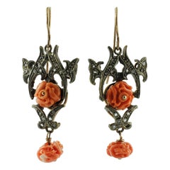 Coral Flowers, Diamonds, 9 Karat Rose Gold and Silver Retro Dangle Earrings
